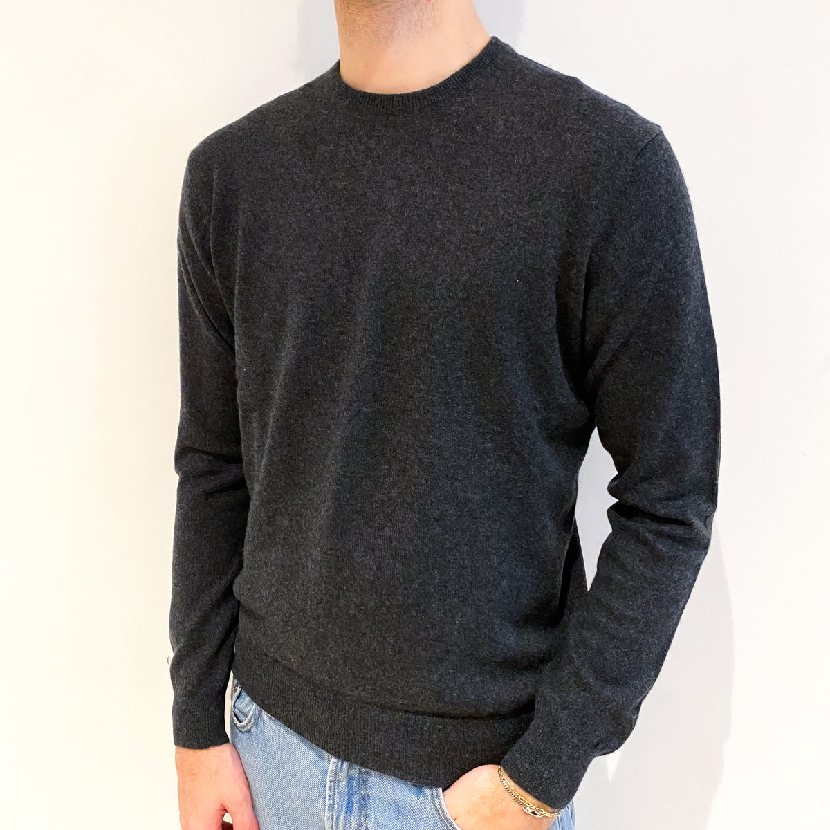 Men's Charcoal Grey Cashmere Crew Neck Jumper Large