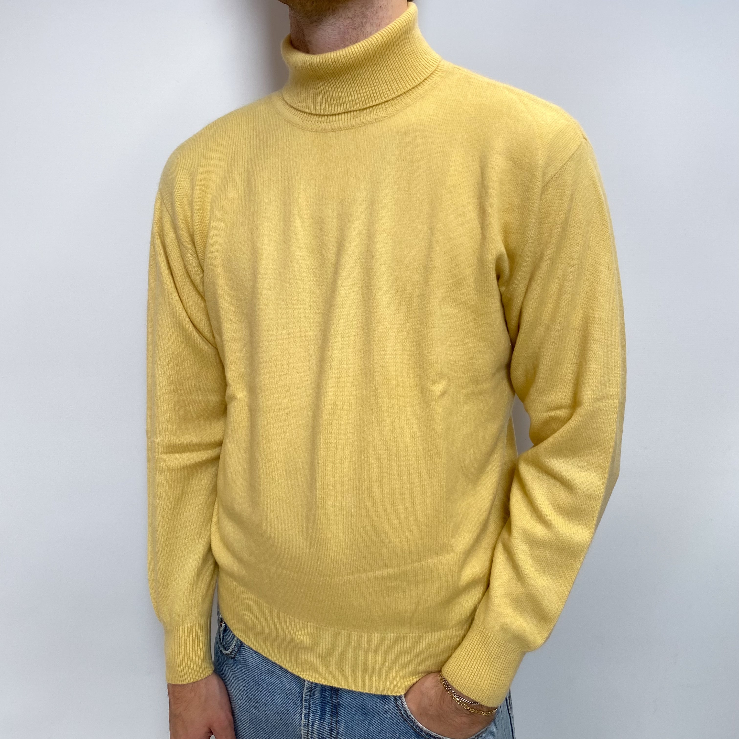 Men's Custard Cashmere Polo Neck Jumper Large