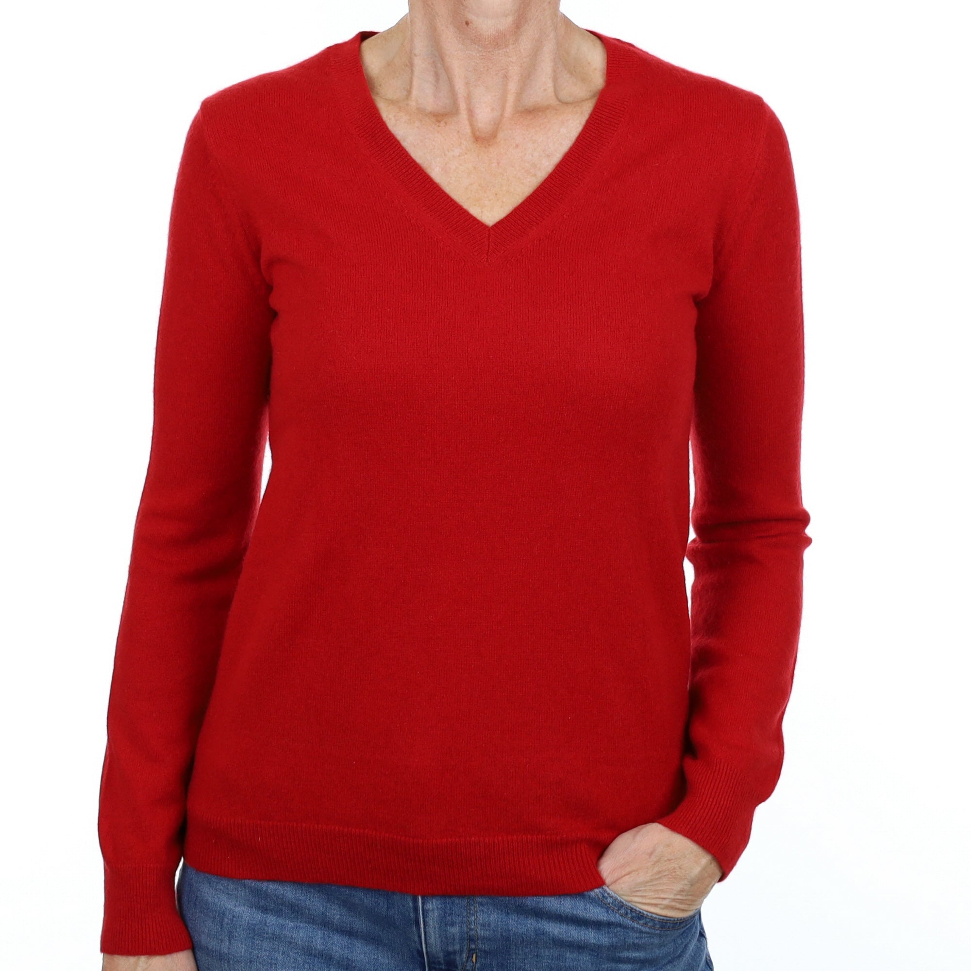 Spanish Red Cashmere V Neck Jumper Small