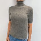 Ash Grey Cashmere Short Sleeved Polo Neck Jumper Small
