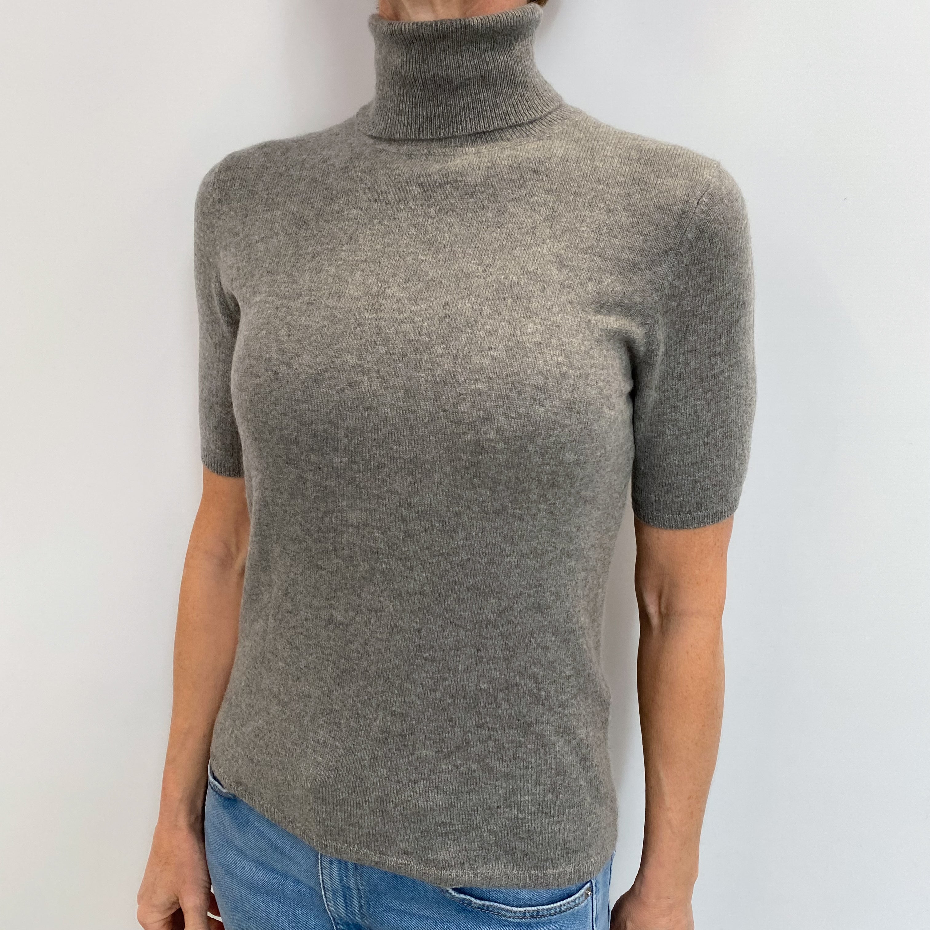 Ash Grey Cashmere Short Sleeved Polo Neck Jumper Small