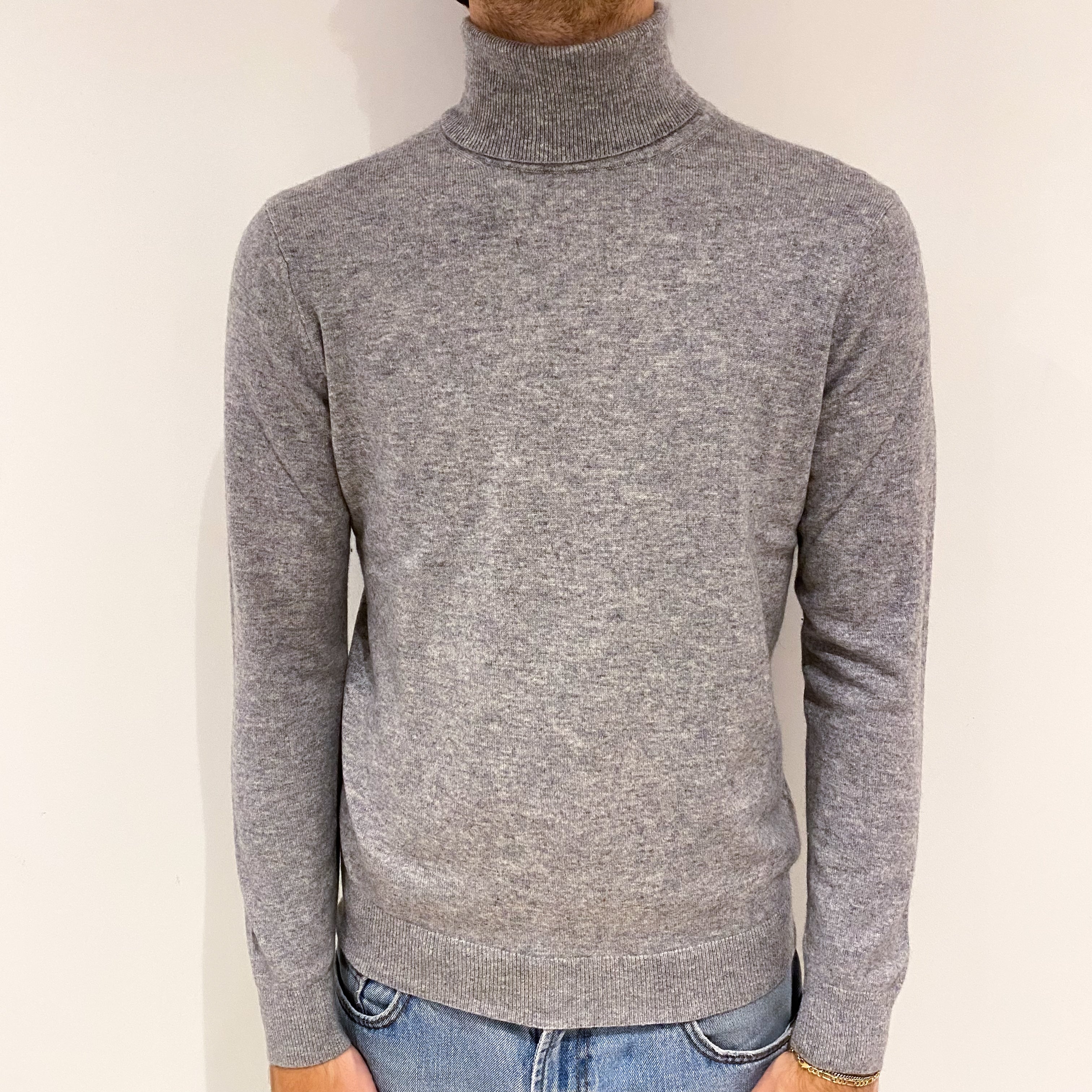 Men's Grey Cashmere Polo Neck Jumper Large