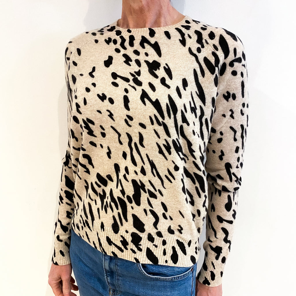 Oatmeal Beige Animal Print Cashmere Crew Neck Jumper Small