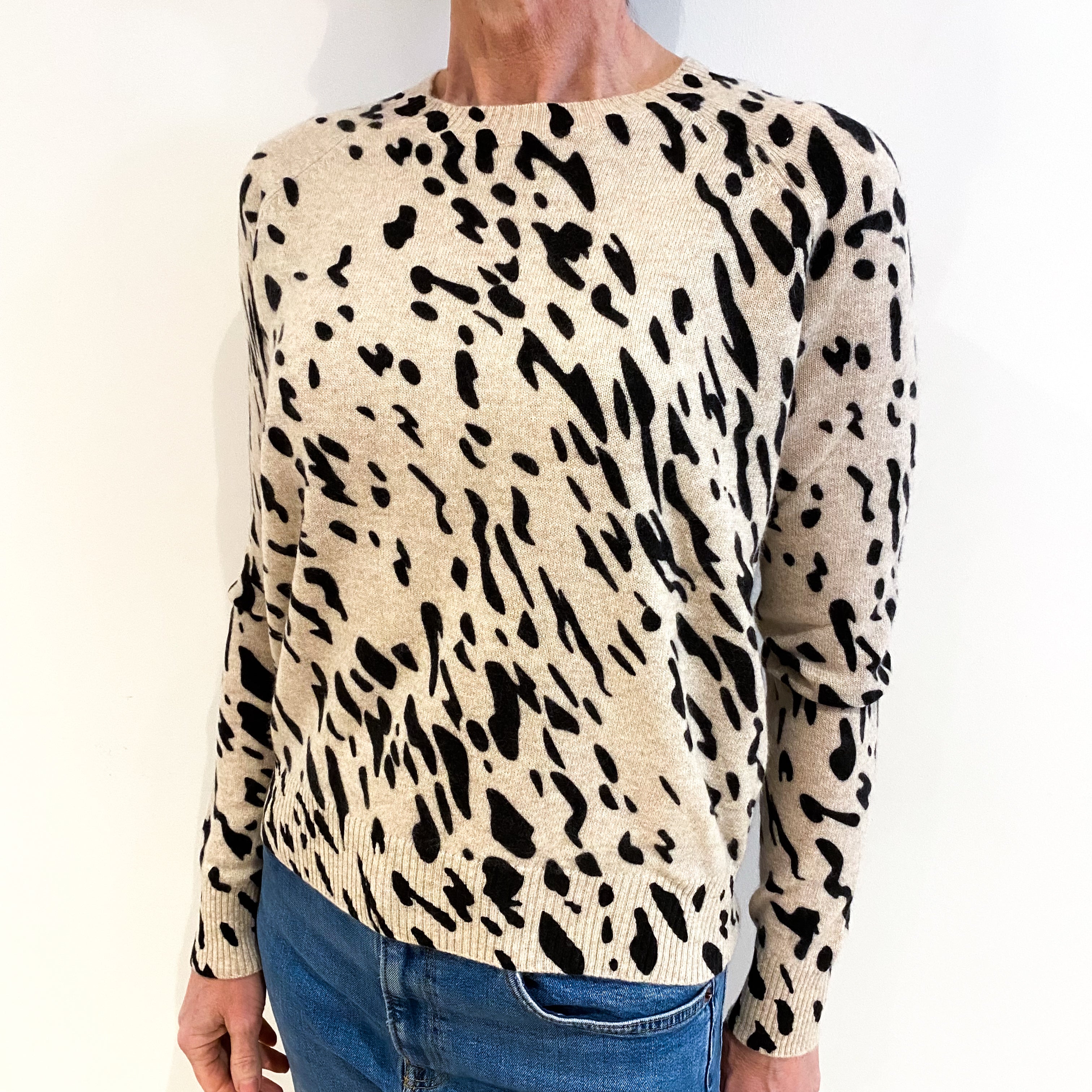 Oatmeal Beige Animal Print Cashmere Crew Neck Jumper Small