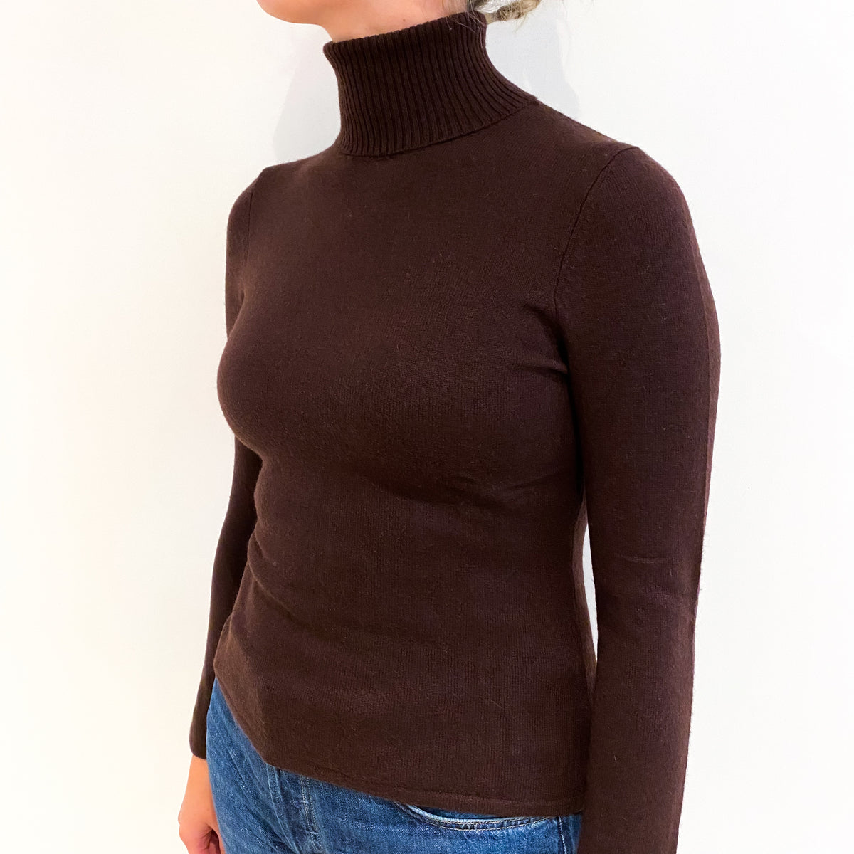 Dark Chocolate Brown Cashmere Polo Neck Jumper Small
