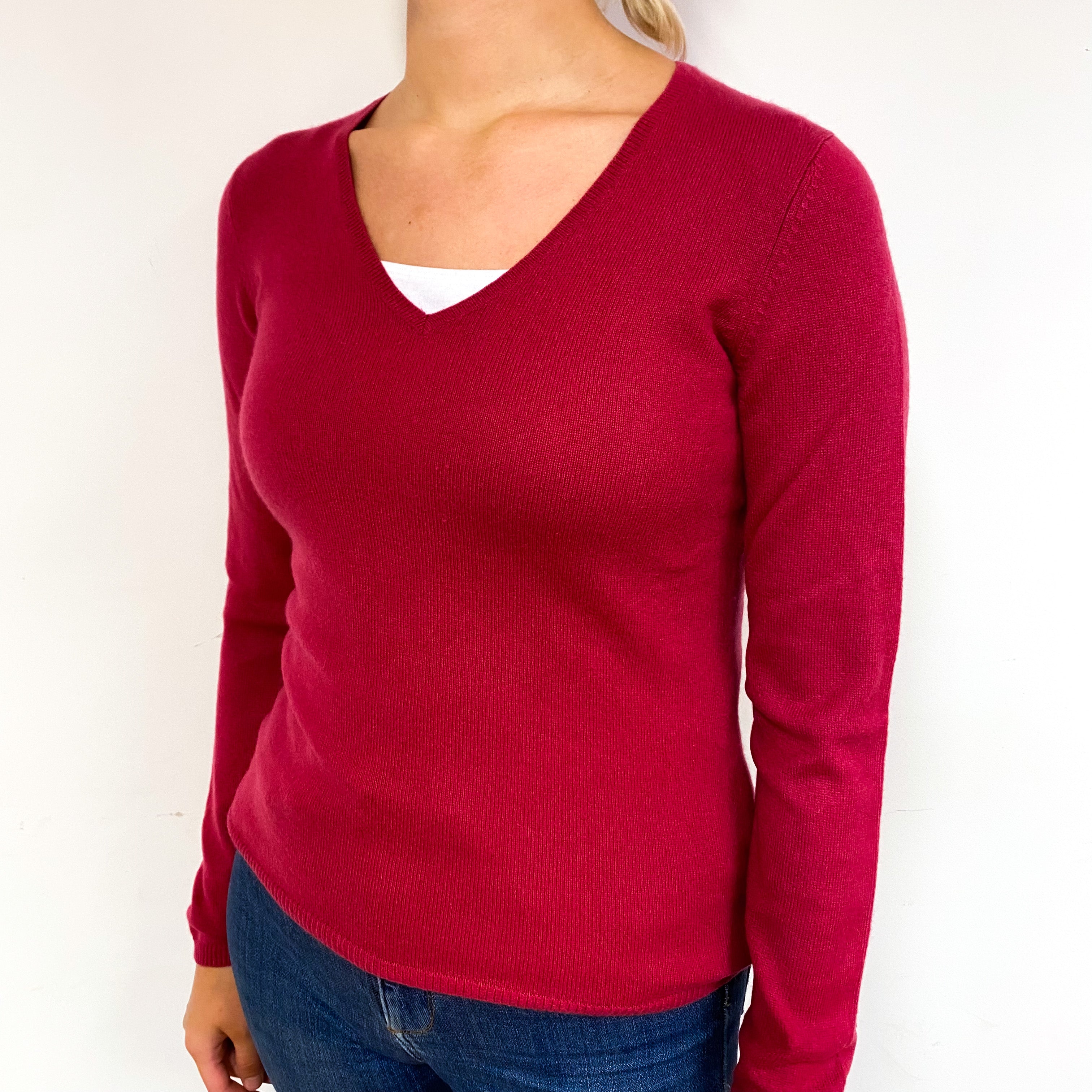 Raspberry Pink Cashmere V-Neck Jumper Small
