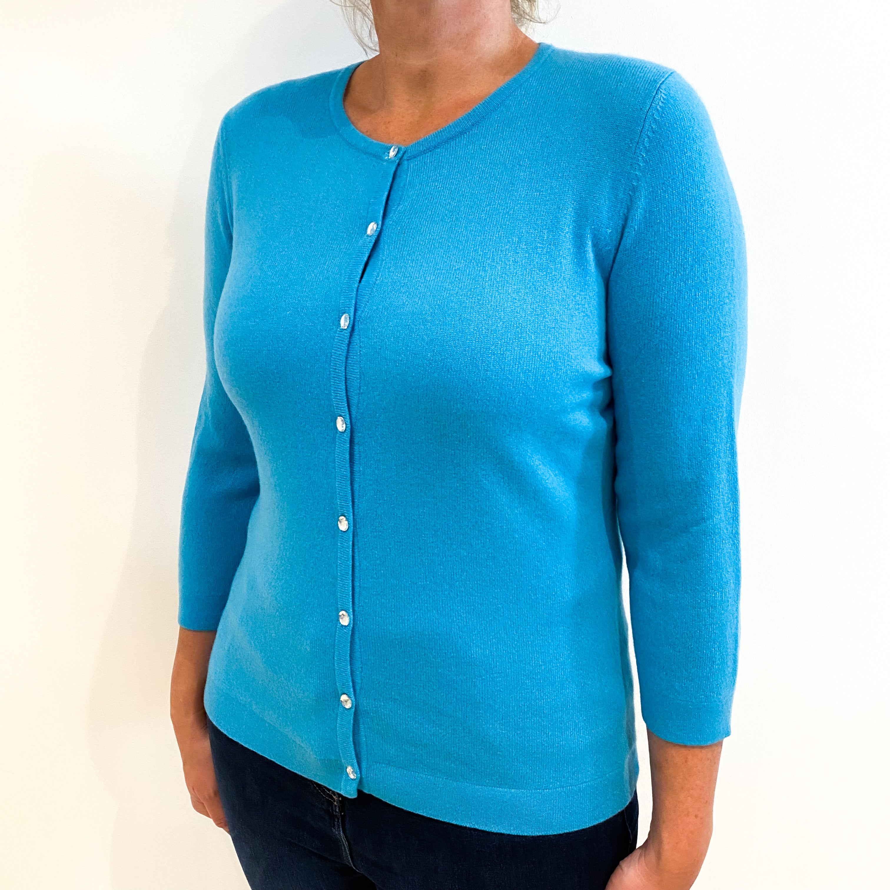 Aqua Blue Cashmere Crew Neck Cardigan Large