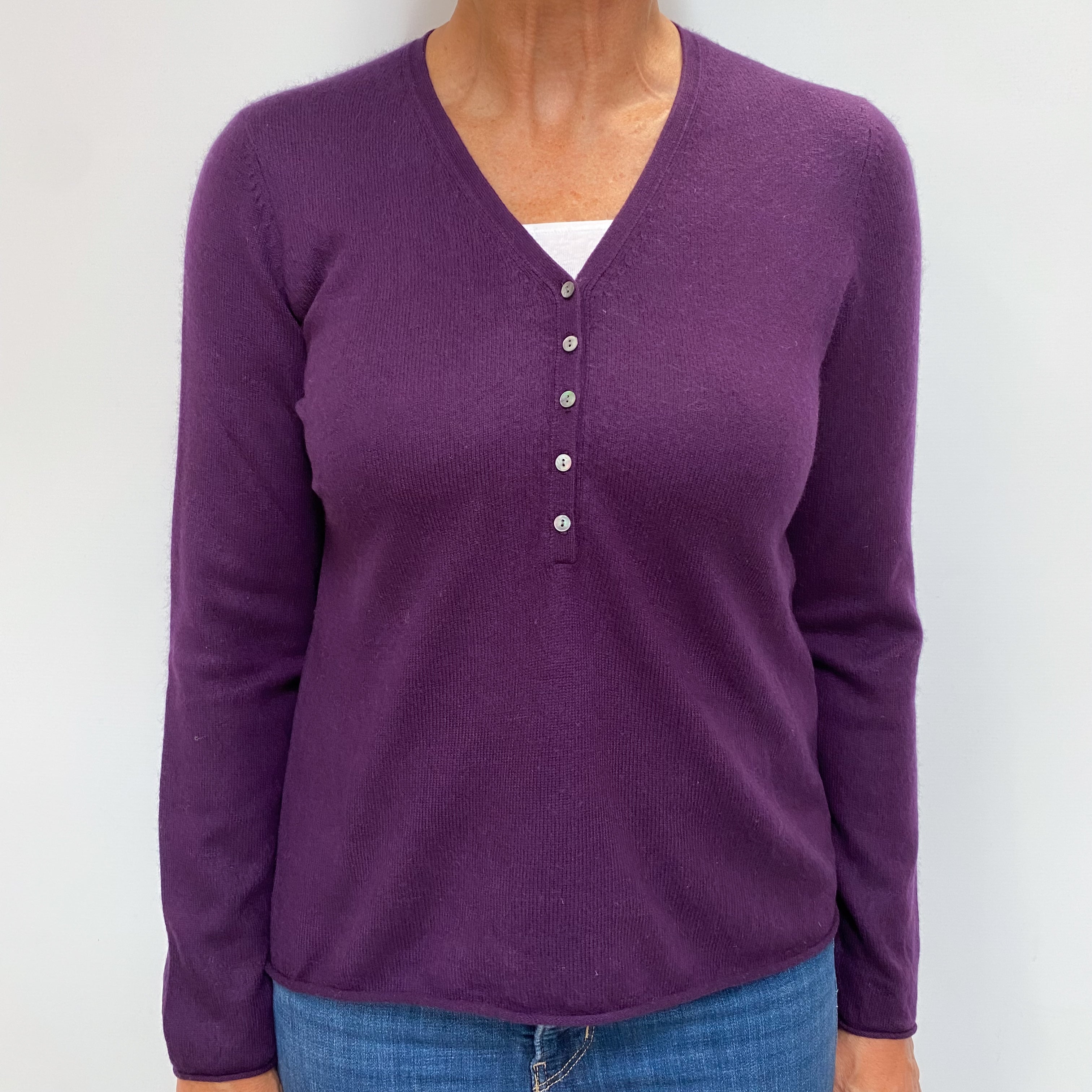 Iris Purple Cashmere Button Up V Neck Jumper Medium