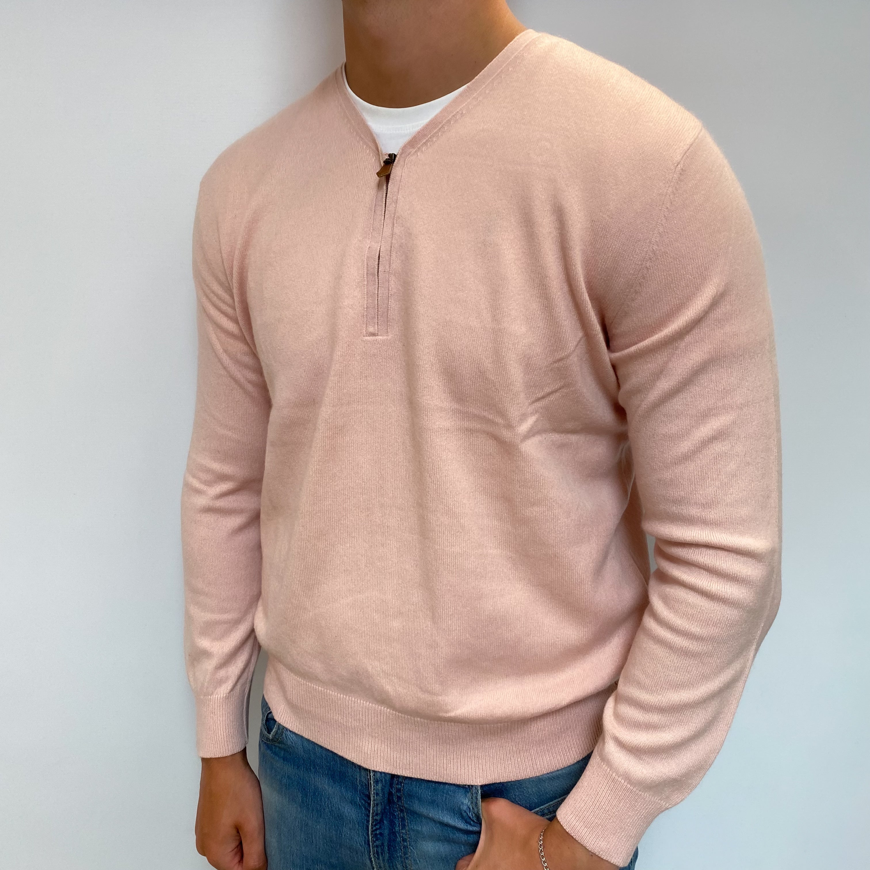 Men's Shell Pink Cashmere Zip Up V Neck Jumper XL