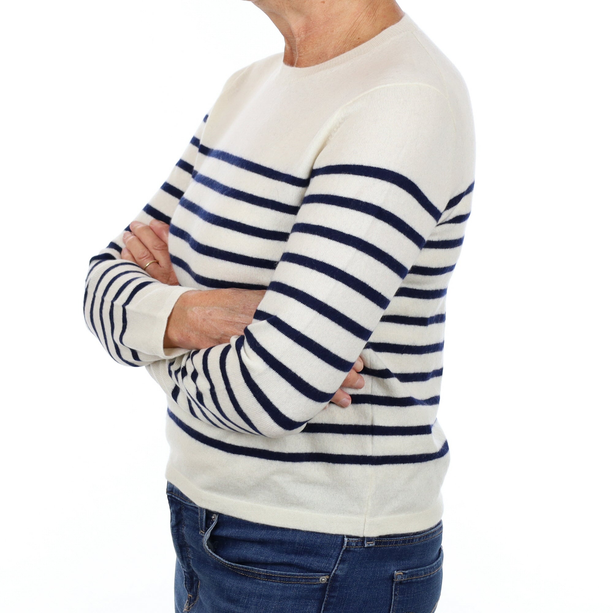Cream Navy Stripe Cashmere Crew Neck Jumper Medium