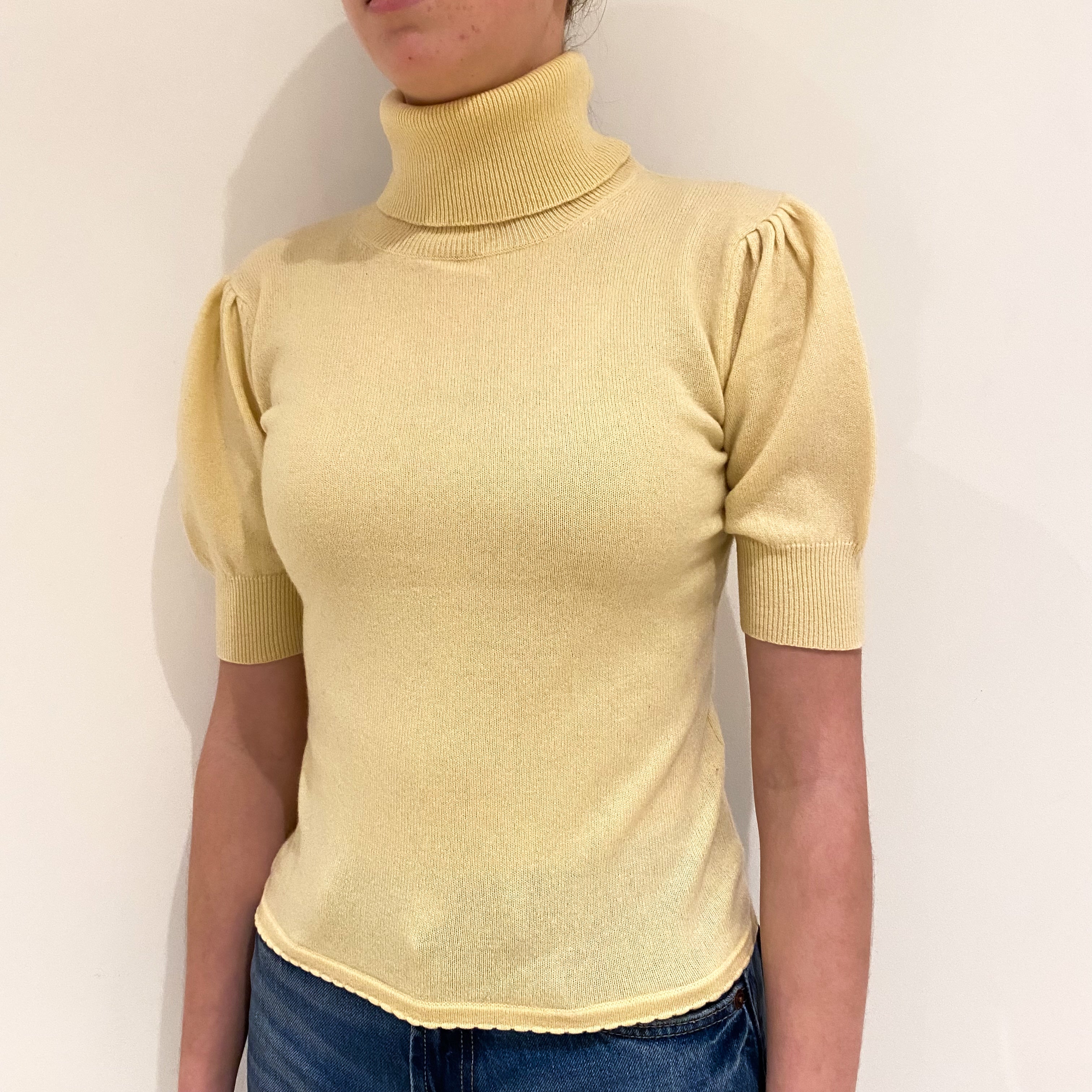 Primrose Yellow Cashmere Short Sleeved Polo Neck Jumper Extra Small