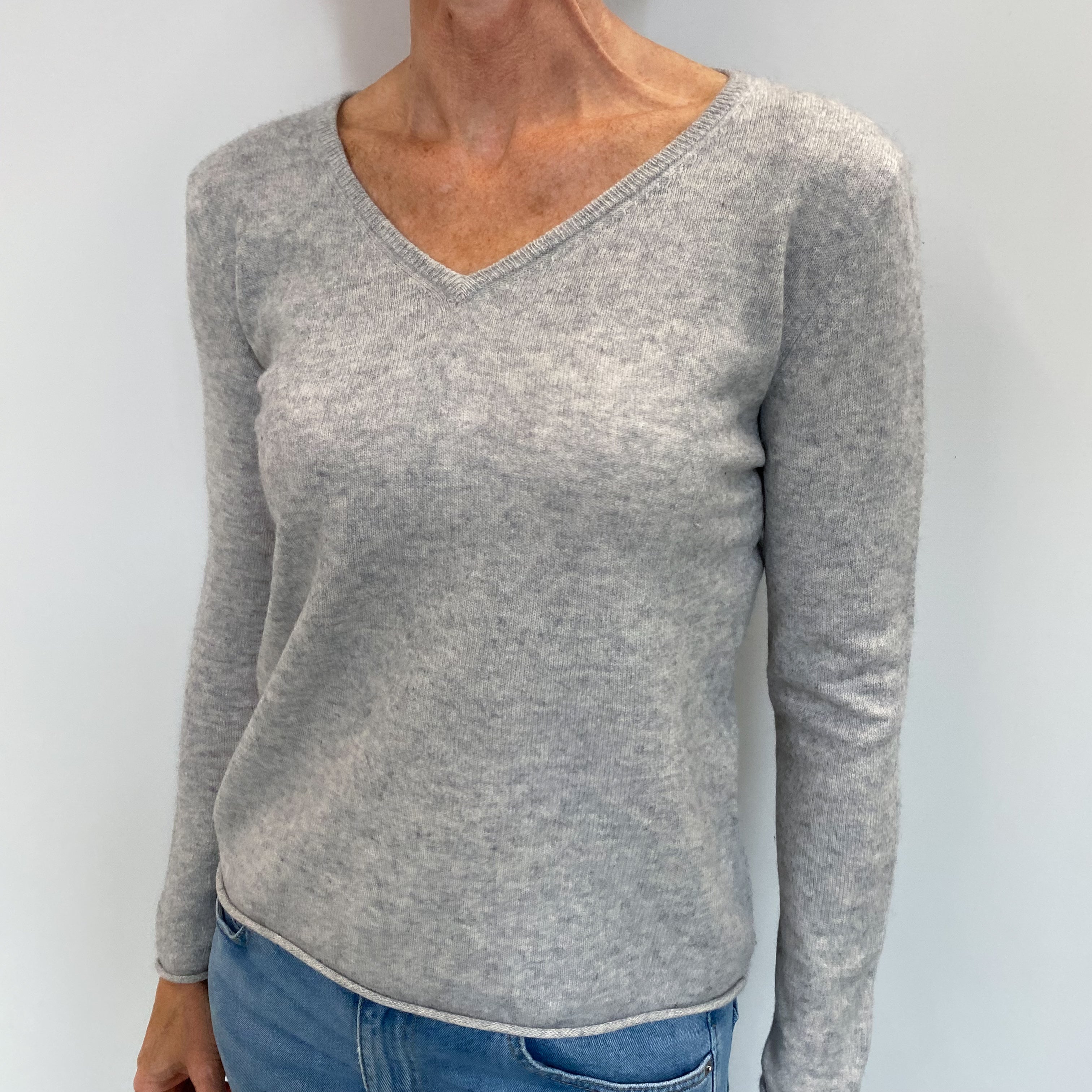 Frost Grey Cashmere V Neck Jumper Small