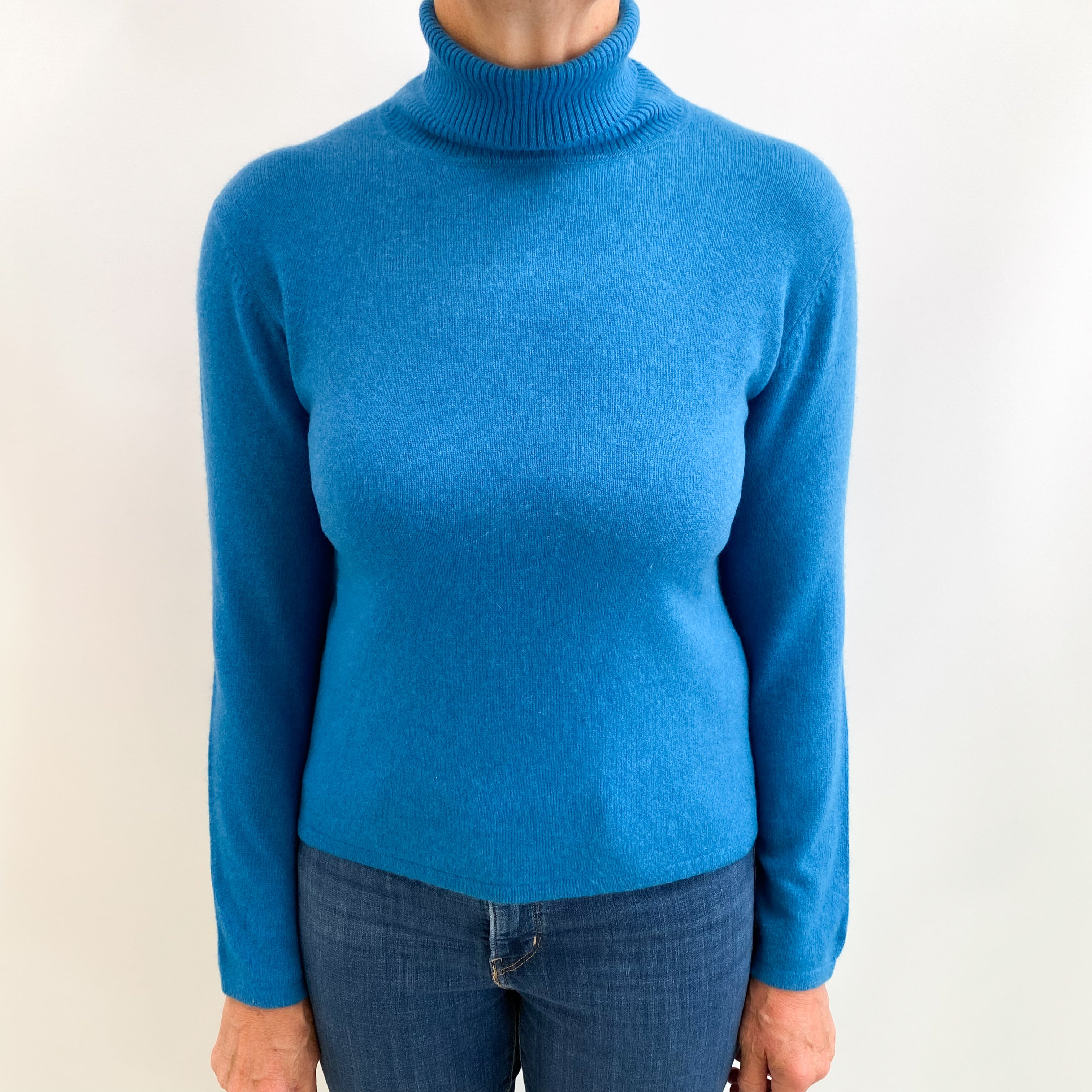 Teal Blue Cashmere Polo Neck Jumper Medium