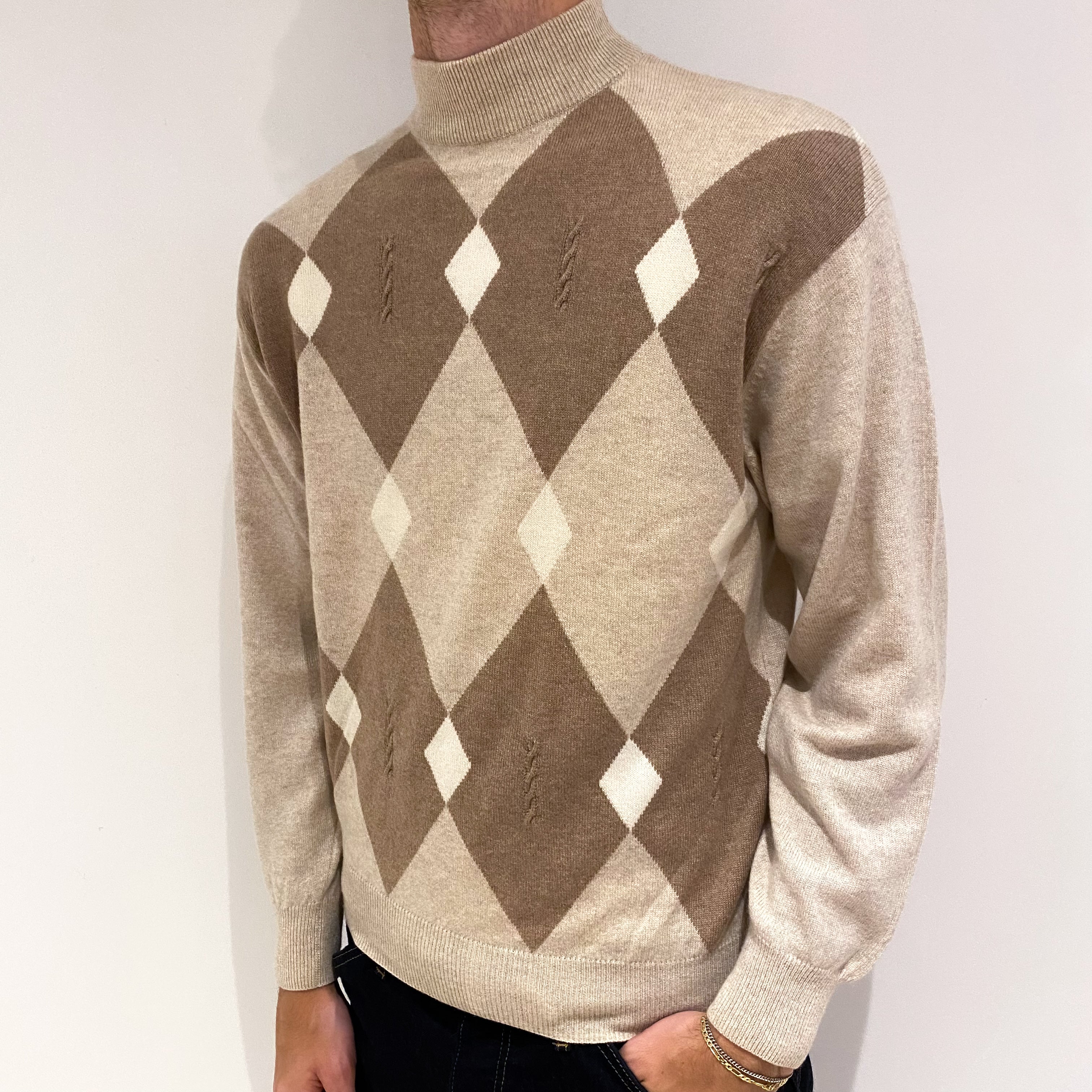 Men's Oatmeal and Camel Diamond Cashmere Turtle Neck Jumper Medium