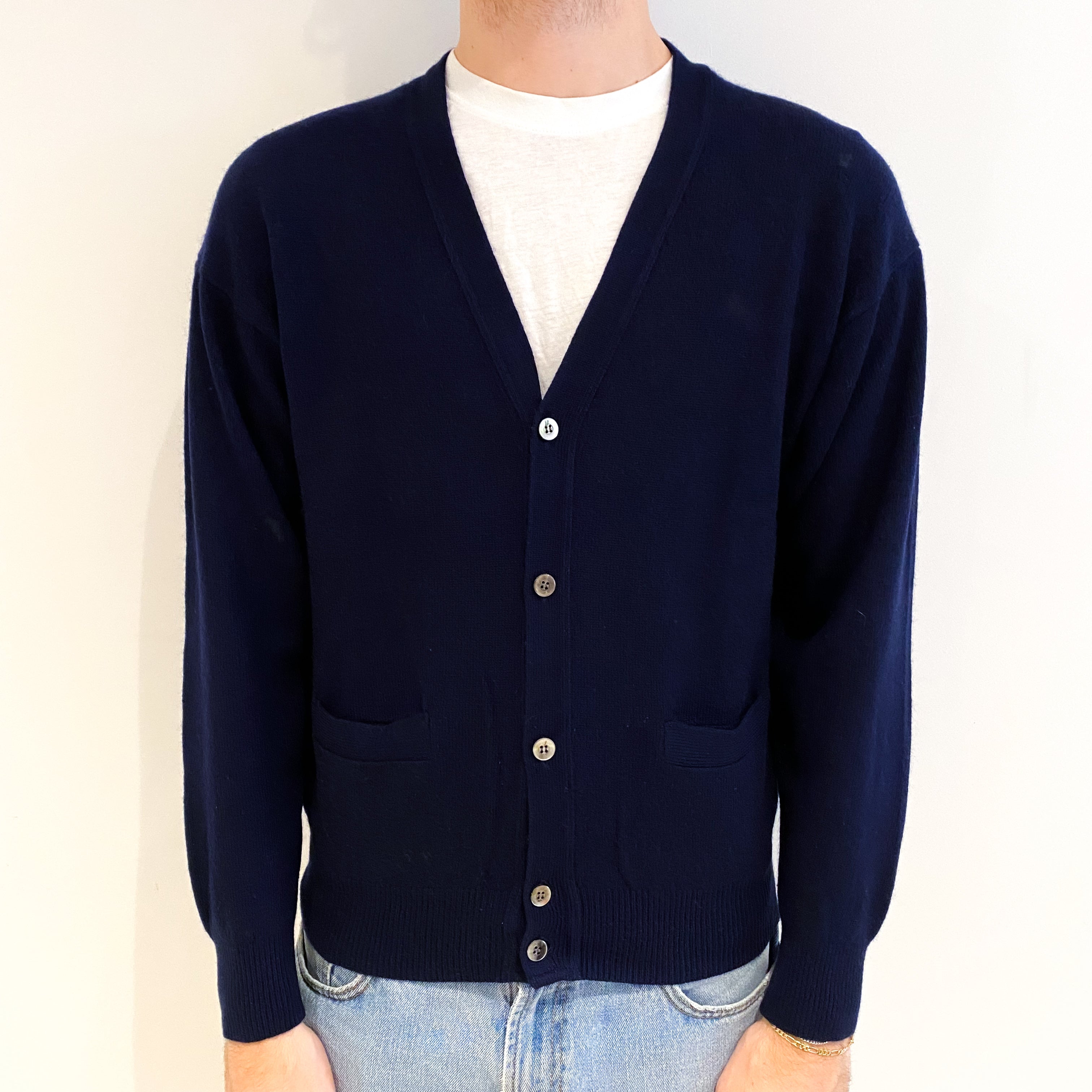 Men's Navy Blue Cashmere V Neck Cardigan with Pockets Medium