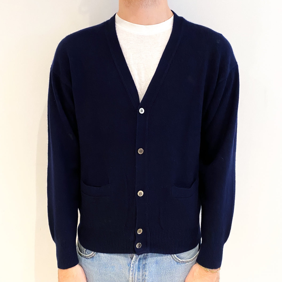 Men's Navy Blue Cashmere V Neck Cardigan with Pockets Medium