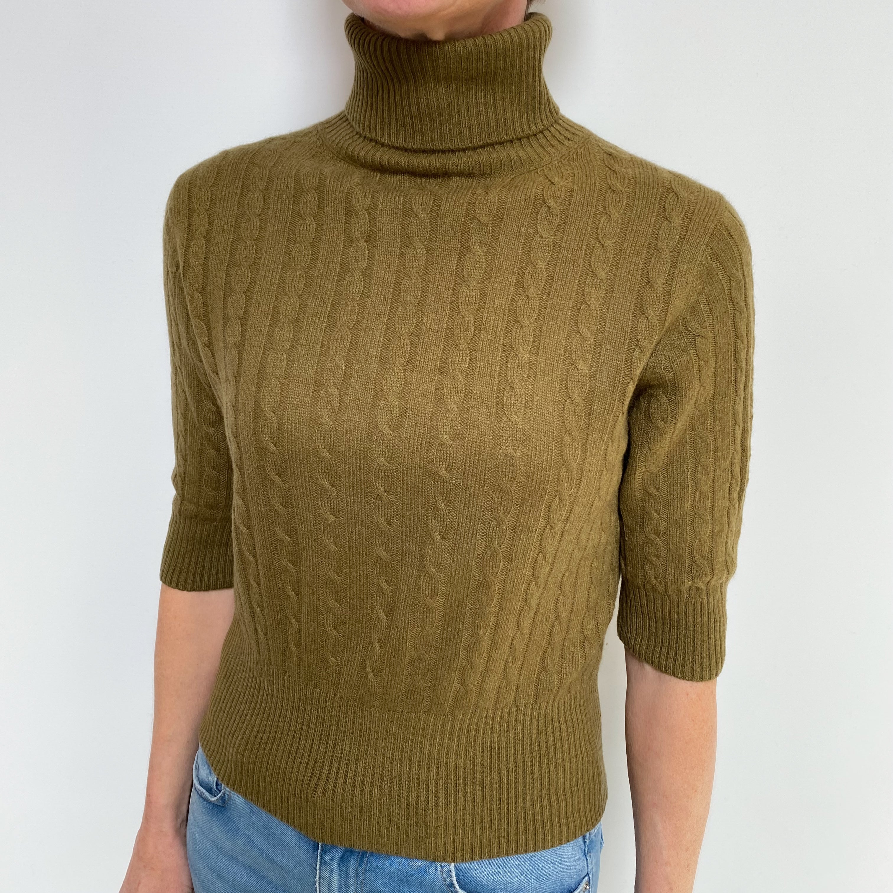 Army Green Cashmere Polo Neck  Short Sleeved Jumper Small