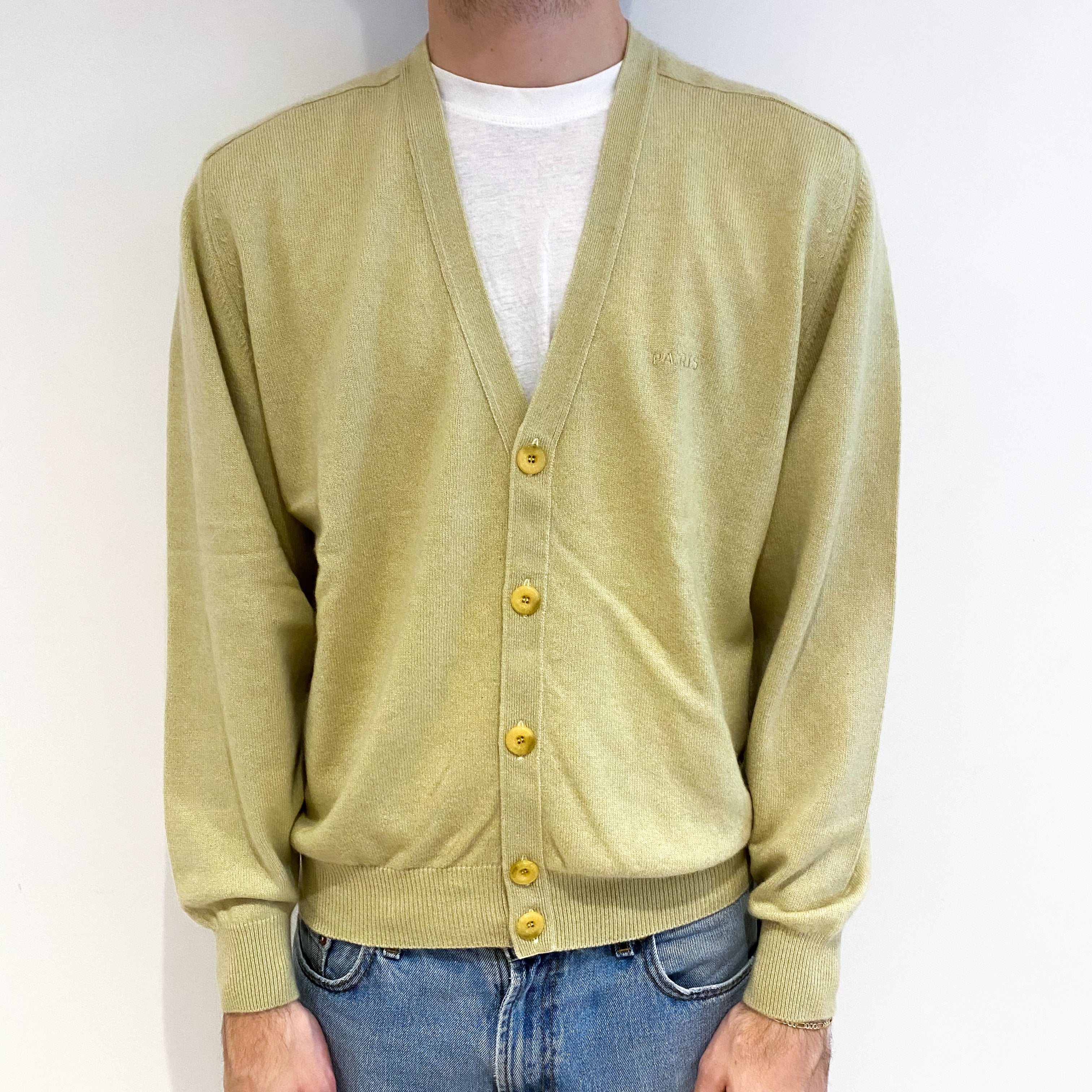 Men's Pistachio Green Cashmere V Neck Cardigan Large