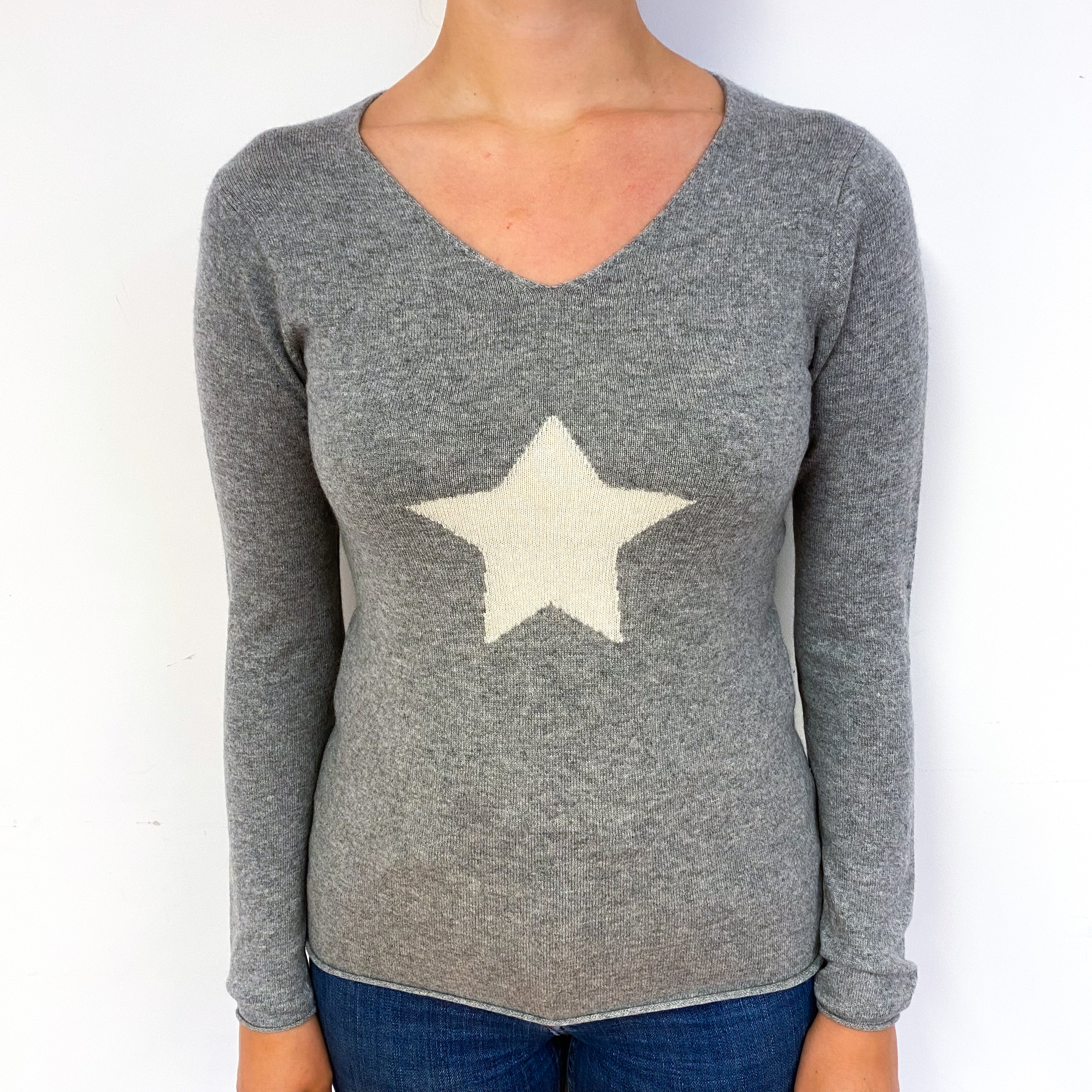 Ash Grey Star Cashmere V-Neck Jumper Small
