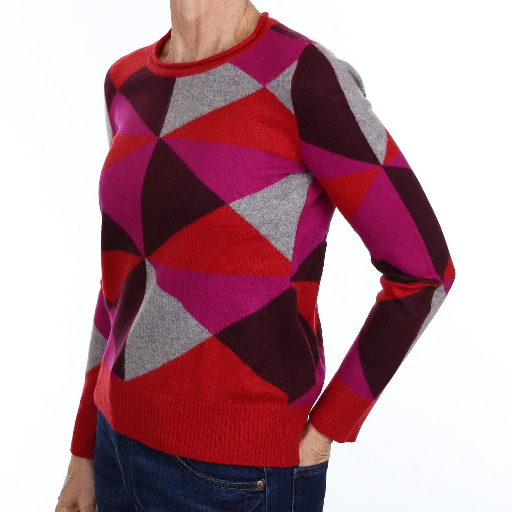 Red and Magenta Geometric Cashmere Crew Neck Jumper Small