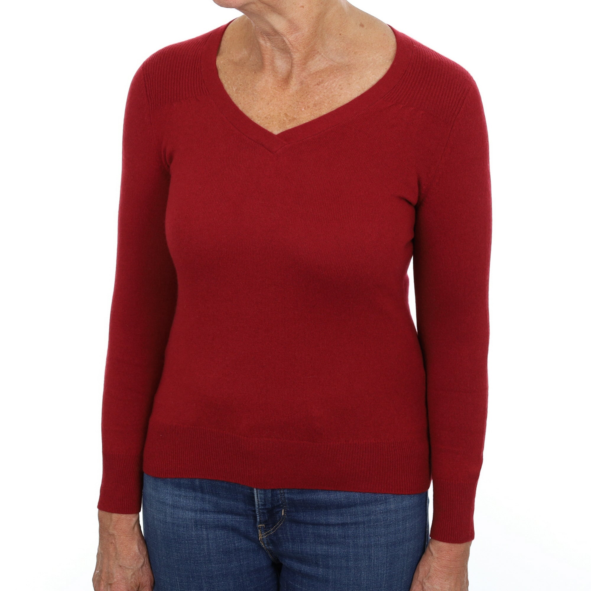 Crimson Red Cashmere V Neck Jumper Medium