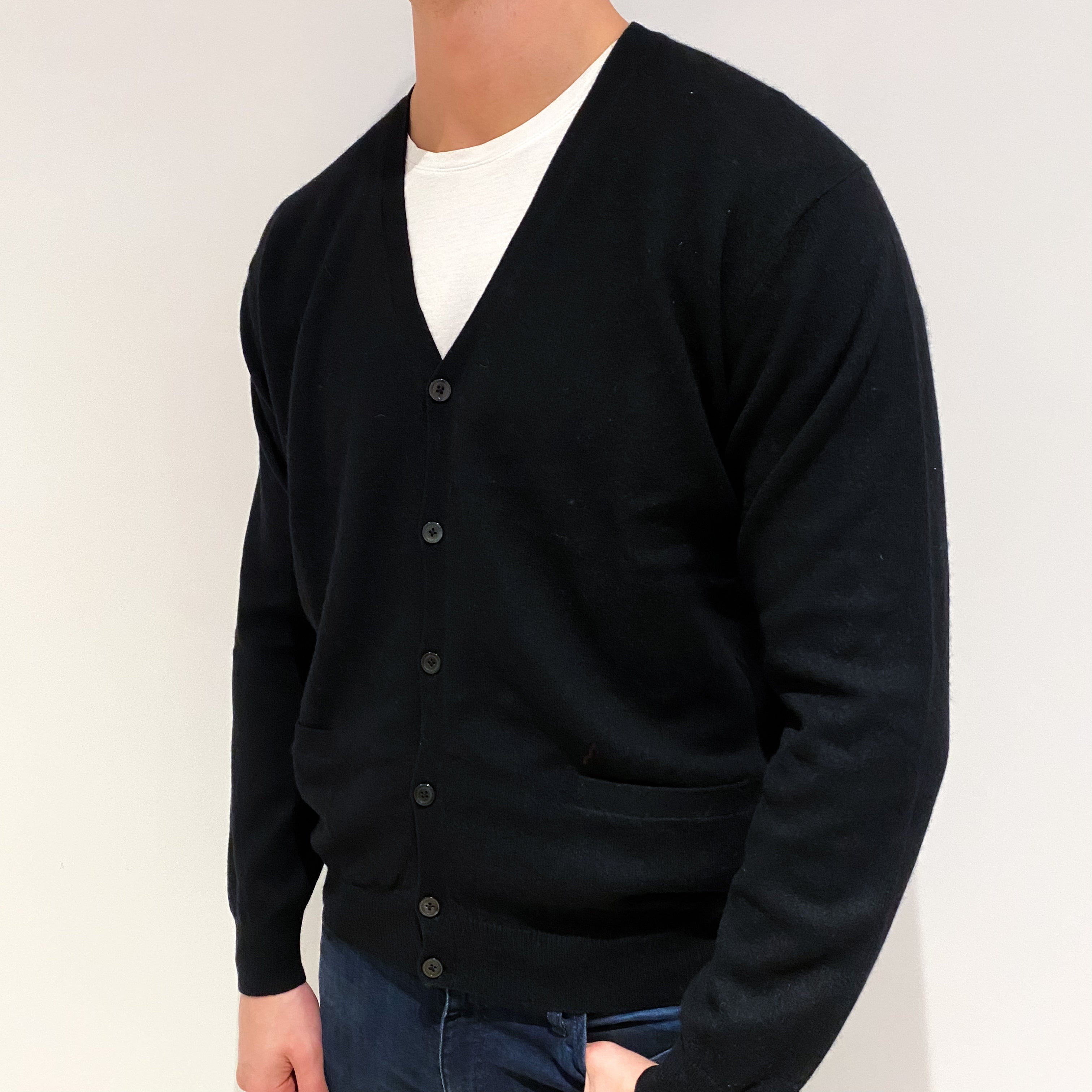Men's Black Cashmere V Neck Cardigan XL