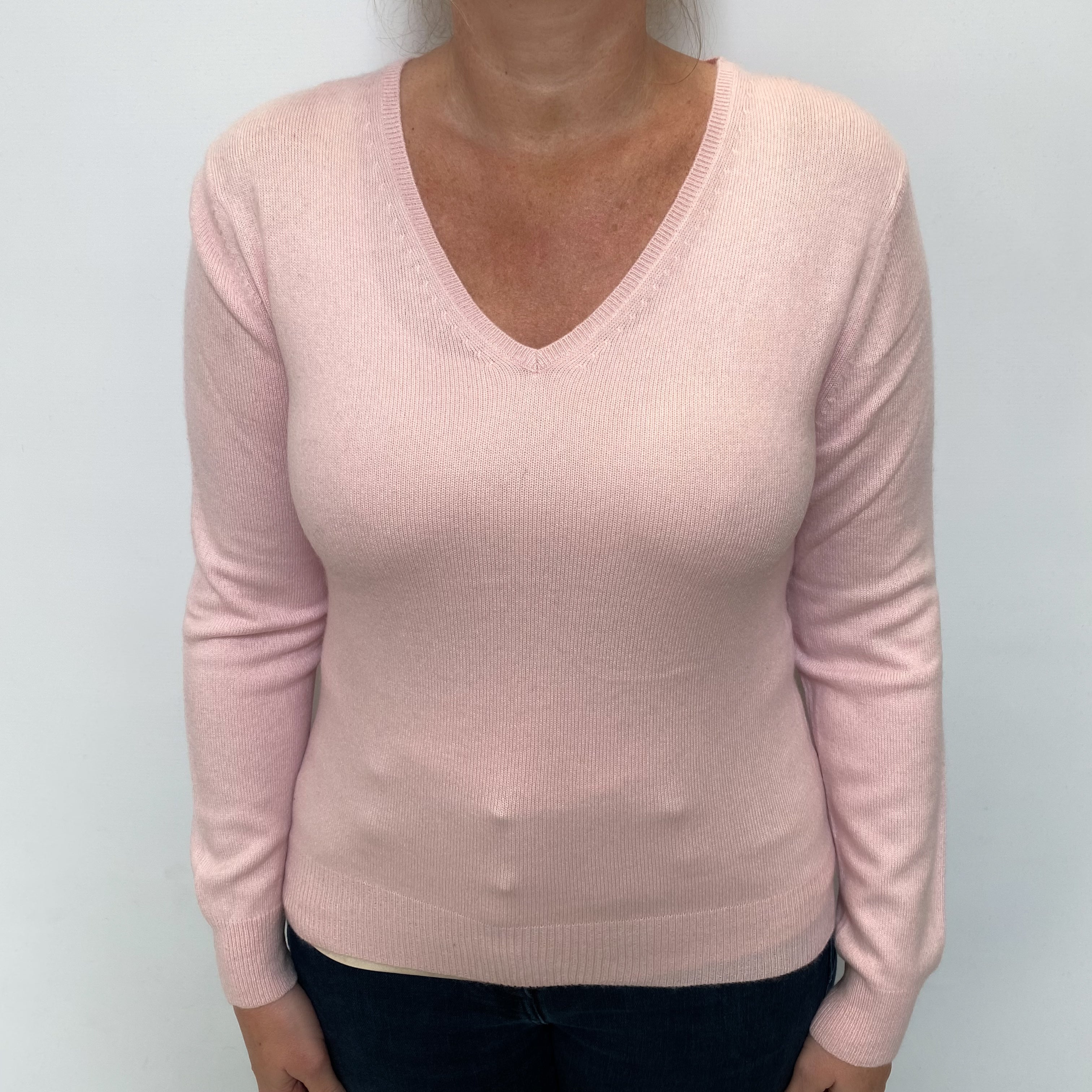 Carnation Pink Cashmere V Neck Jumper Large