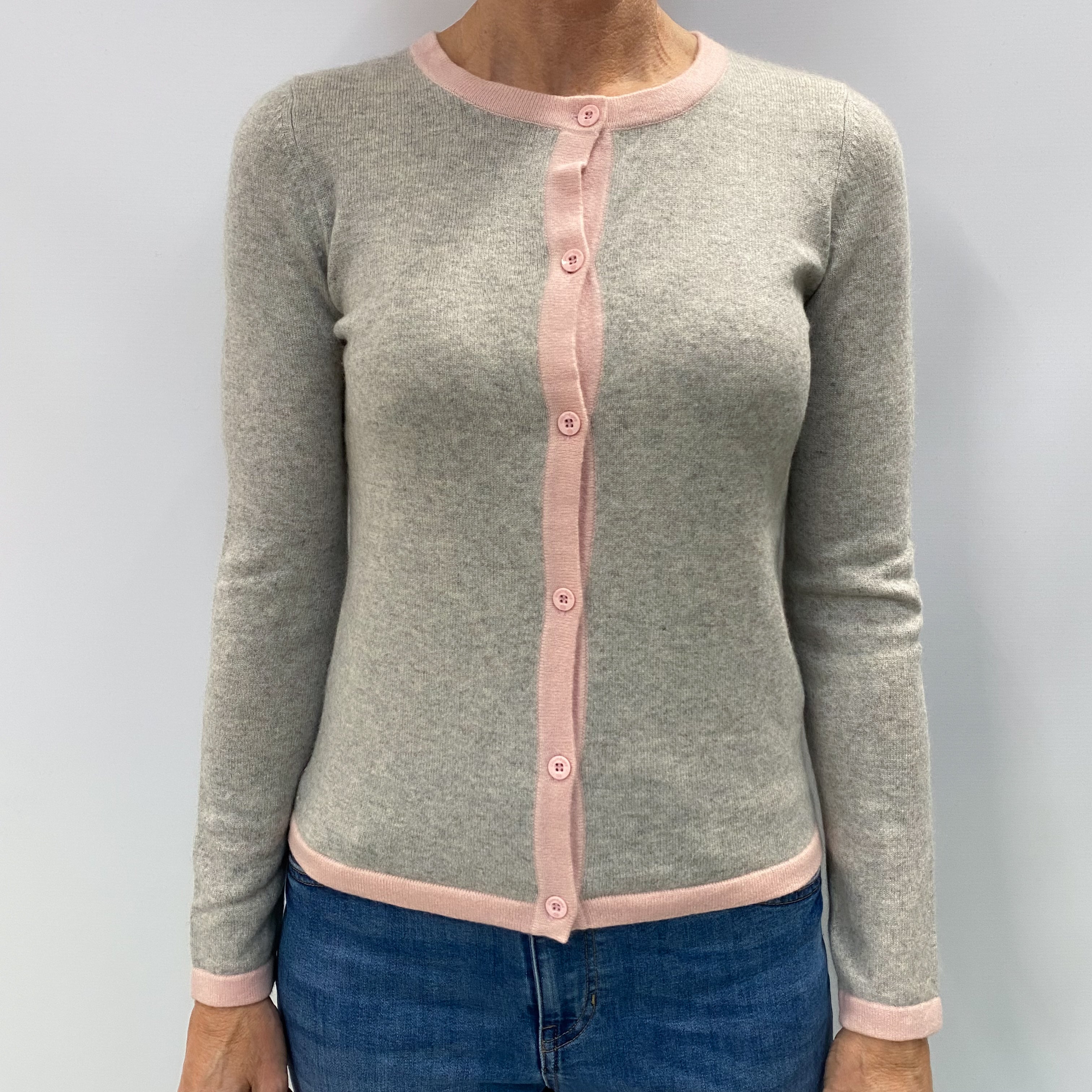 Smoke Grey and Pink Cashmere Crew Neck Cardigan Small