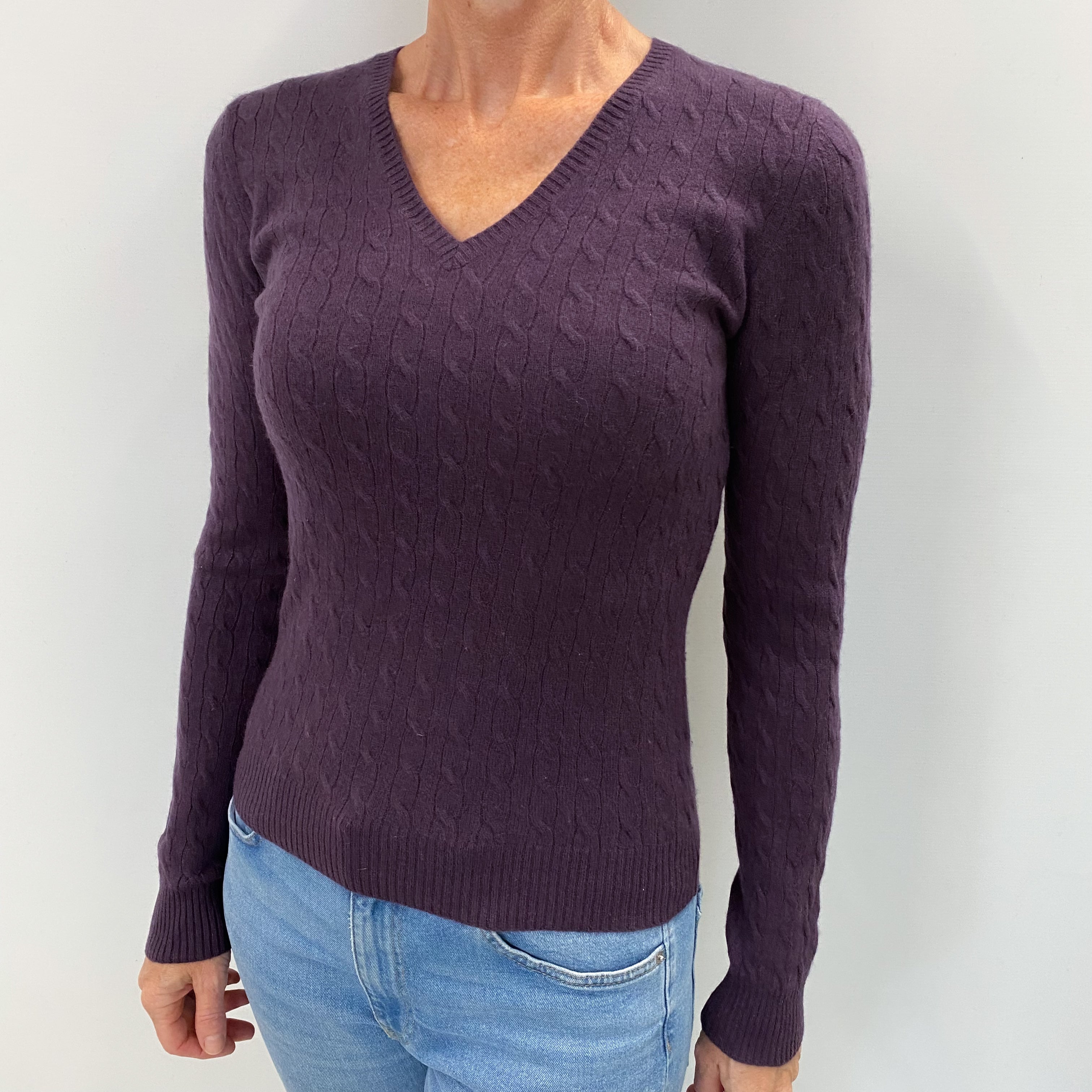Blueberry Purple Cashmere V Neck Cable Knit Jumper Small