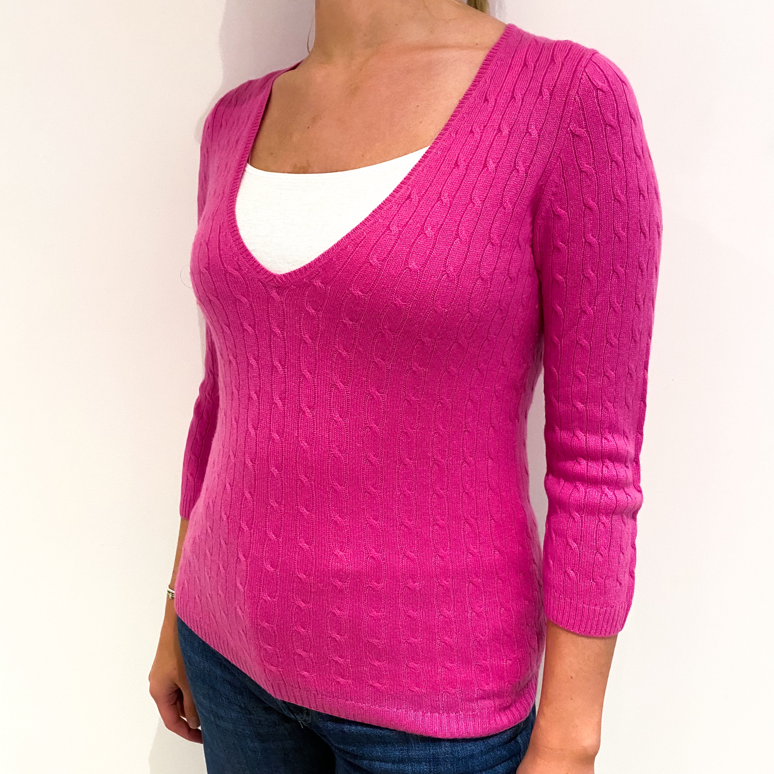 Hot Pink Cable 3/4 Sleeve Cashmere V-Neck Jumper Small