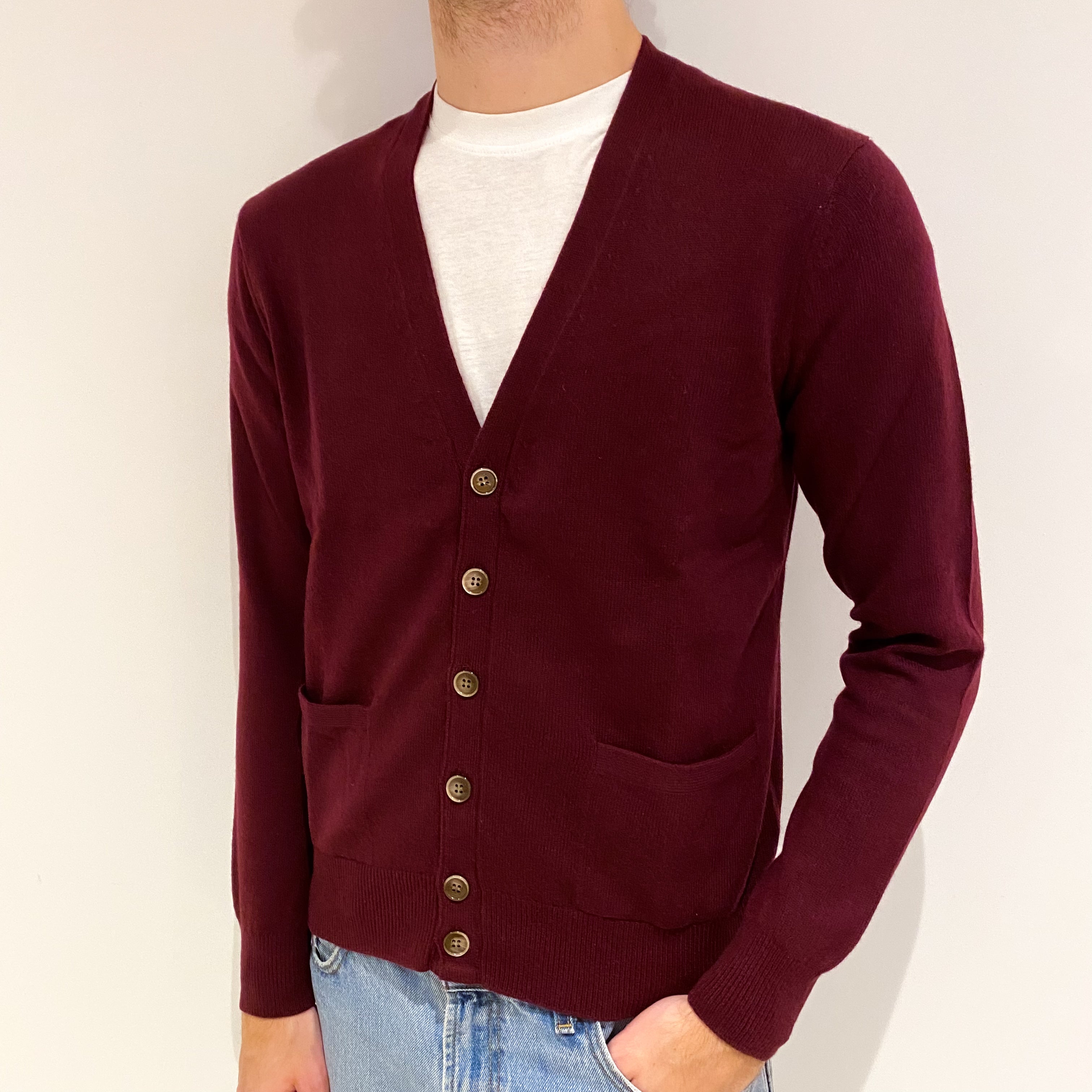 Men's Wine Red Cashmere V Neck Cardigan Medium