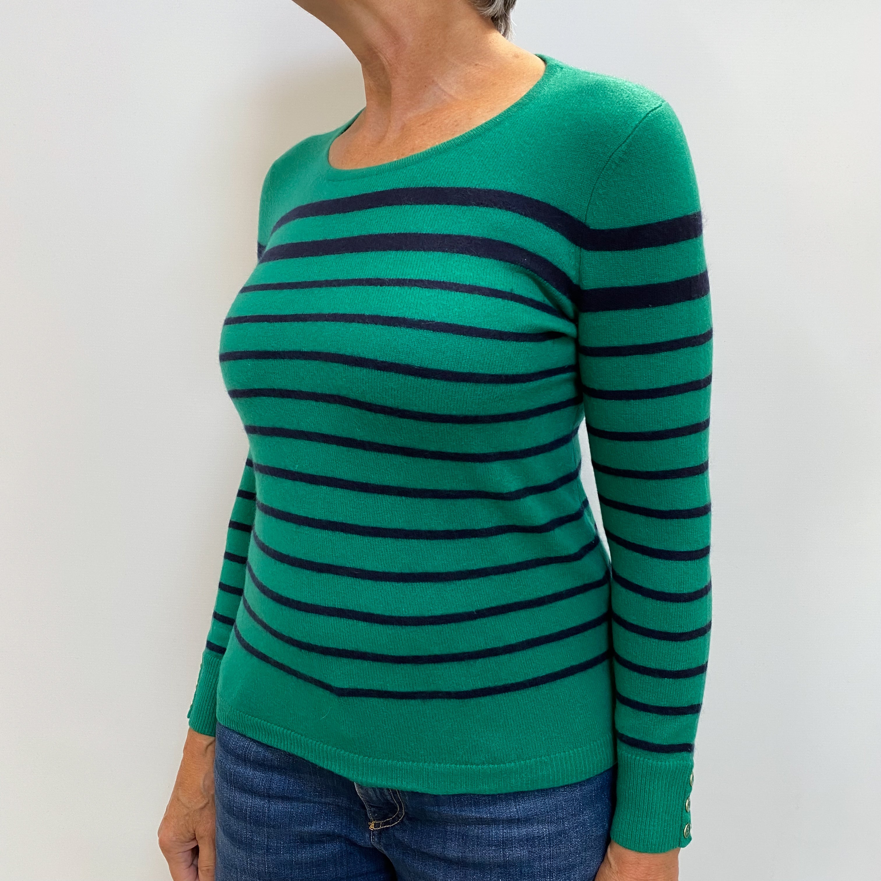 Shamrock Green Stripe Cashmere Crew Neck Jumper Medium