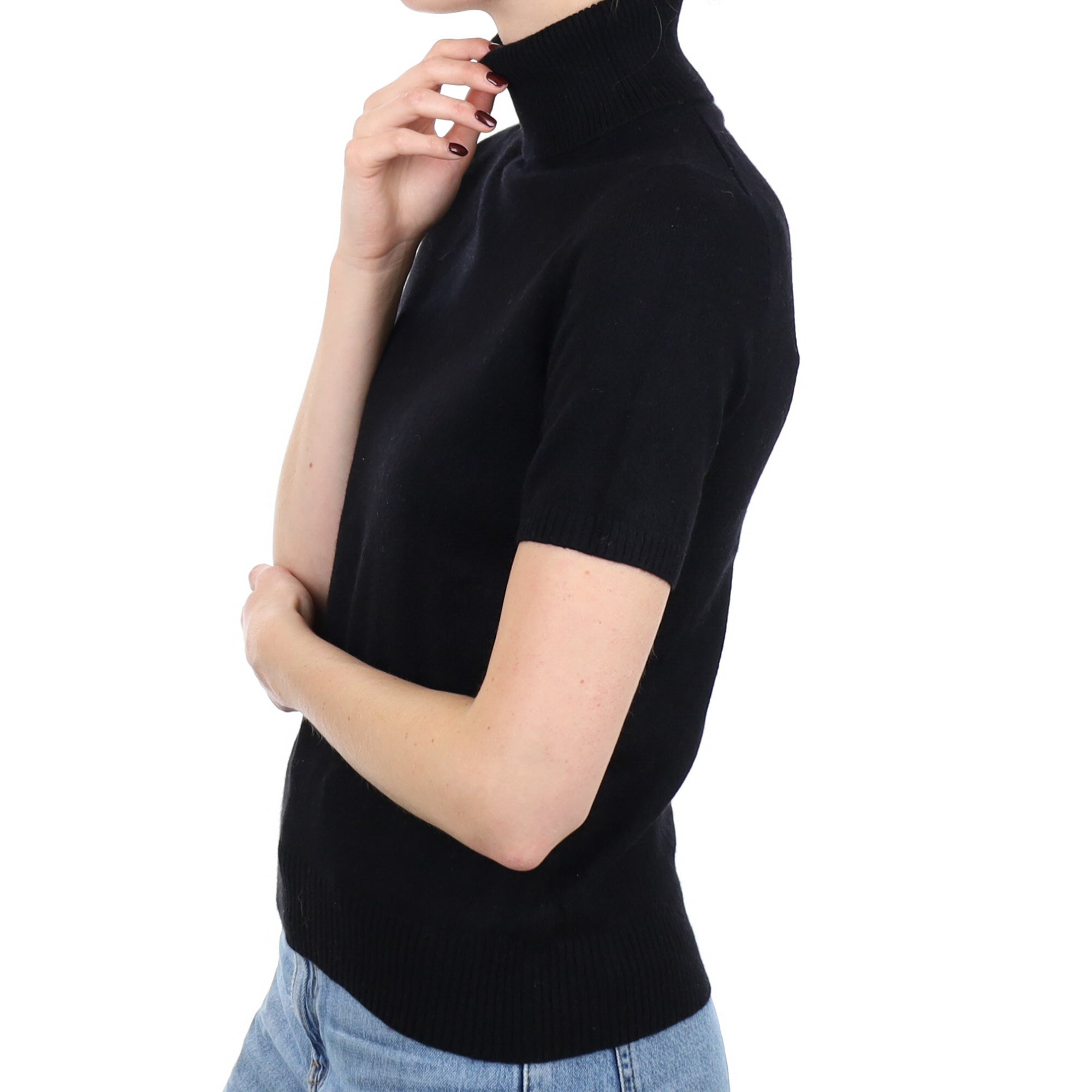 Black Cashmere Short Sleeve Polo Neck Jumper Small