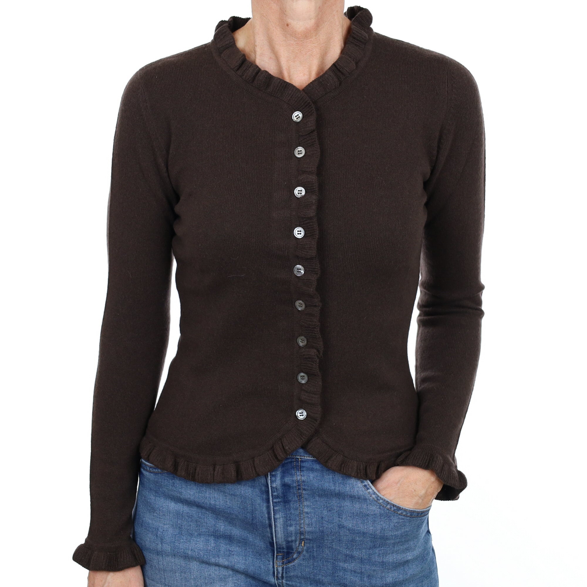 New Dark Chocolate Brown Cashmere V Neck Cardigan Small