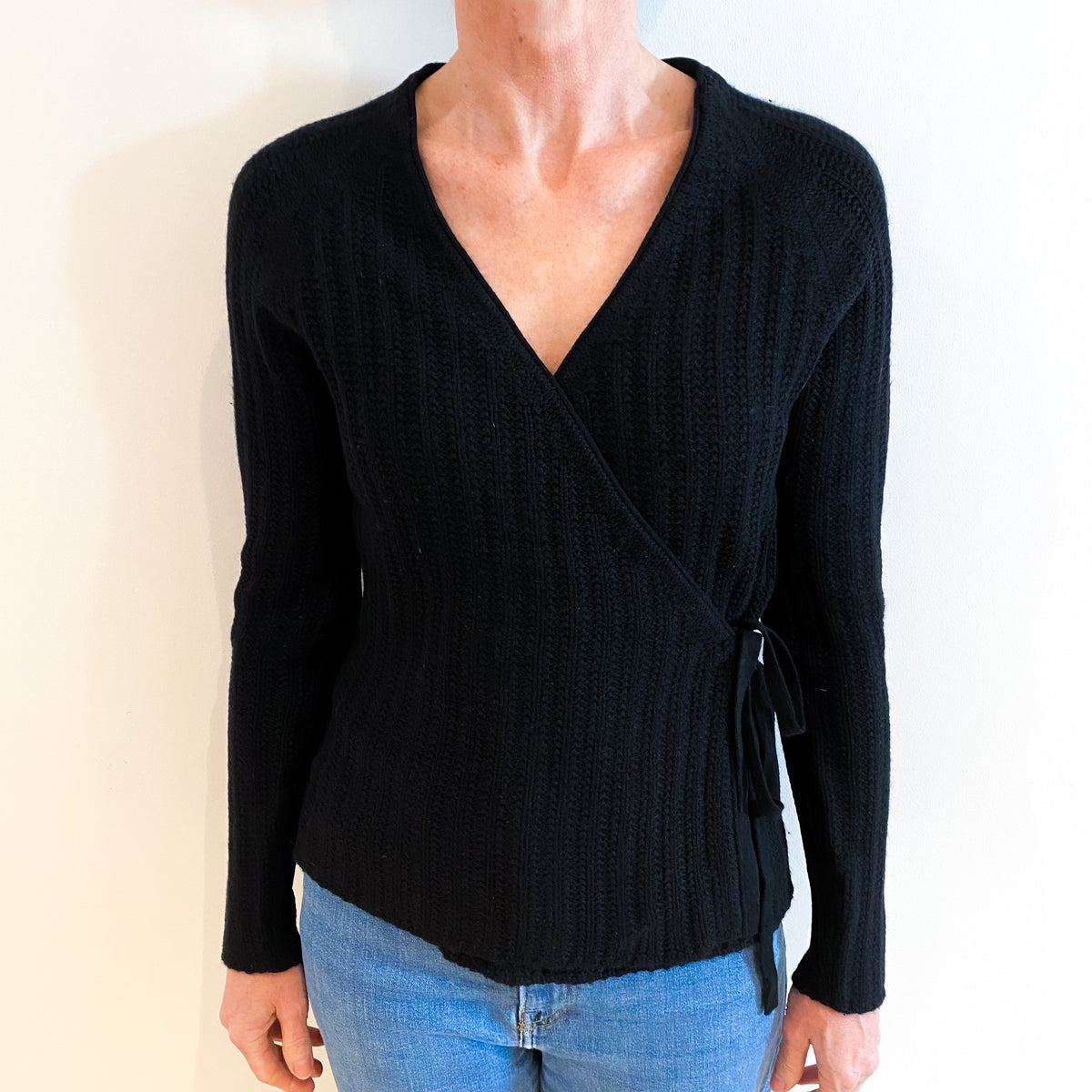 Black Cashmere Chunky Wrap Around Cardigan Small