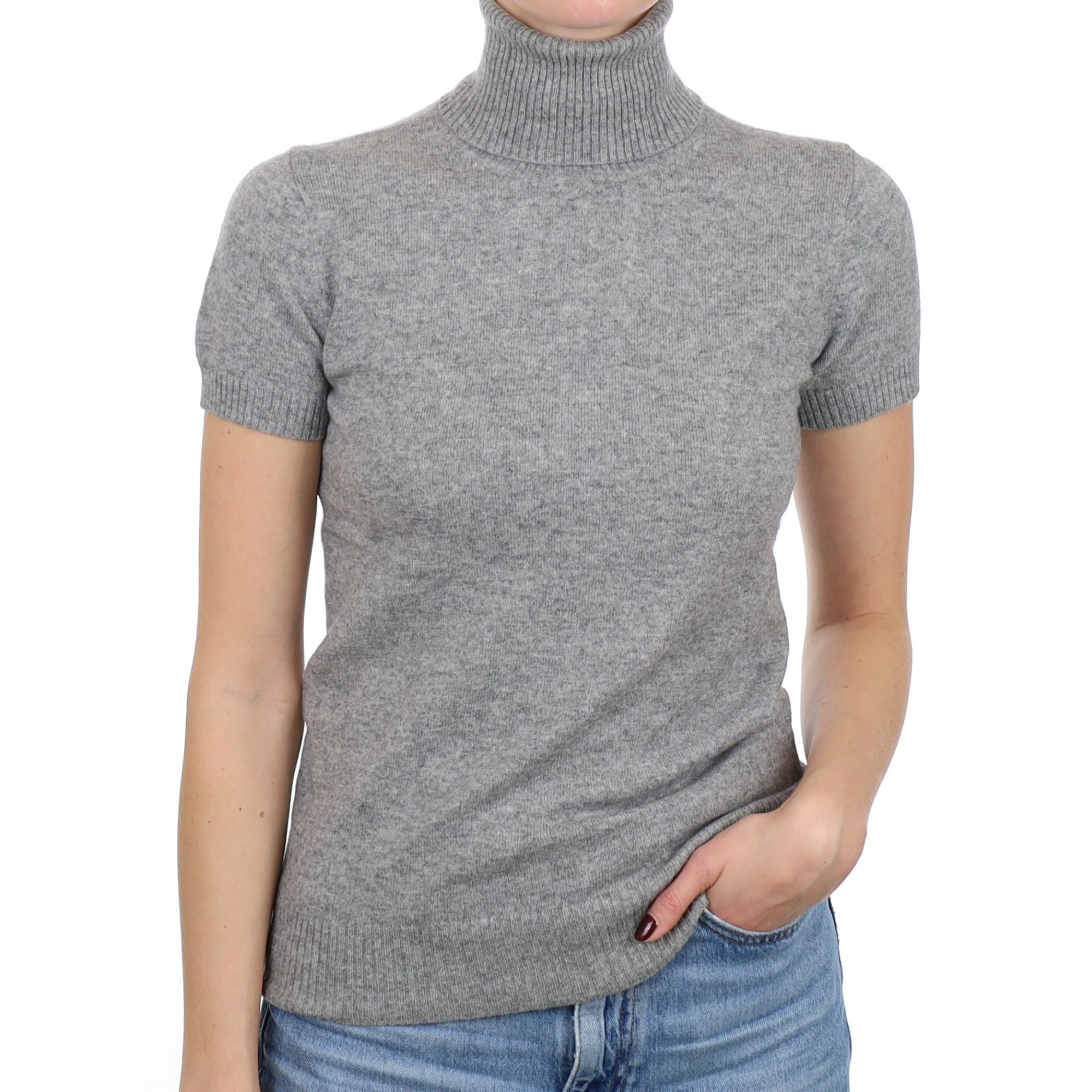 Ash Grey Cashmere Short Sleeve Polo Neck Jumper Small