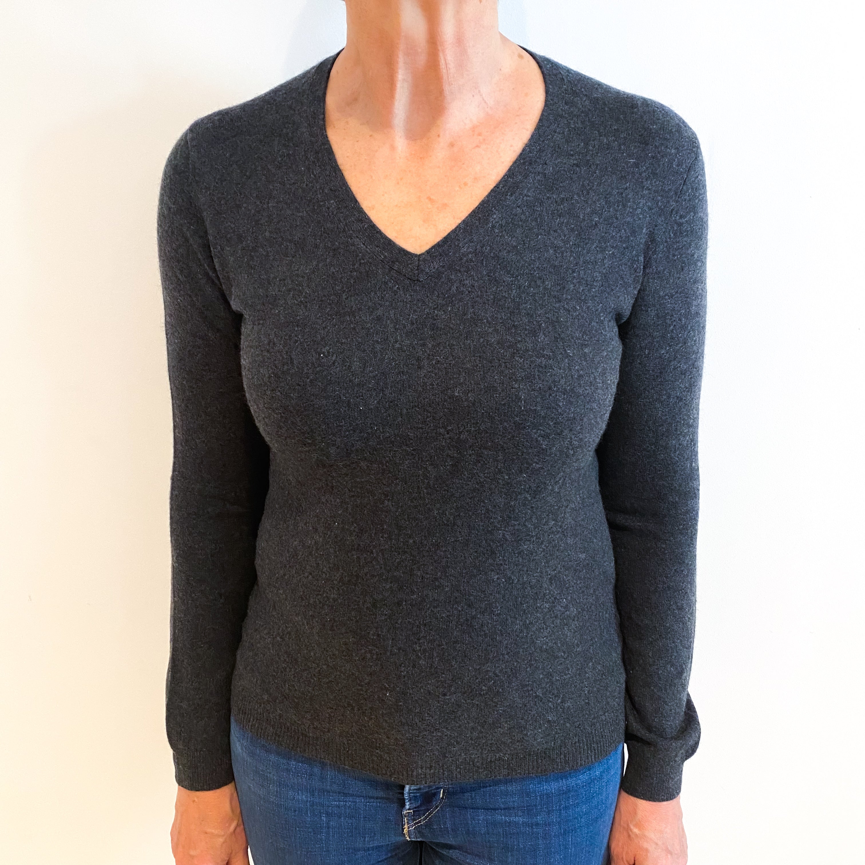 Charcoal Grey Cashmere V Neck Jumper Medium