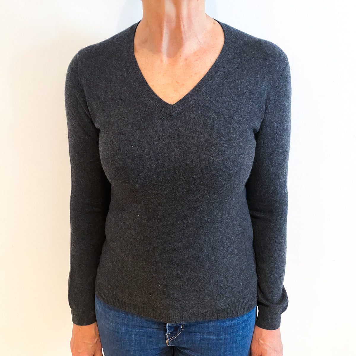 Charcoal Grey Cashmere V Neck Jumper Medium