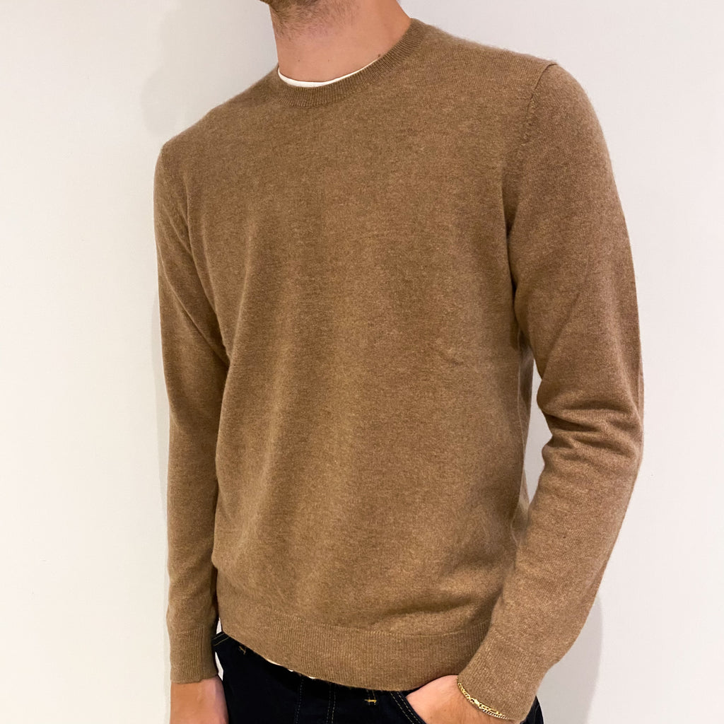 Men's Camel Brown Cashmere Crew Neck Jumper Medium