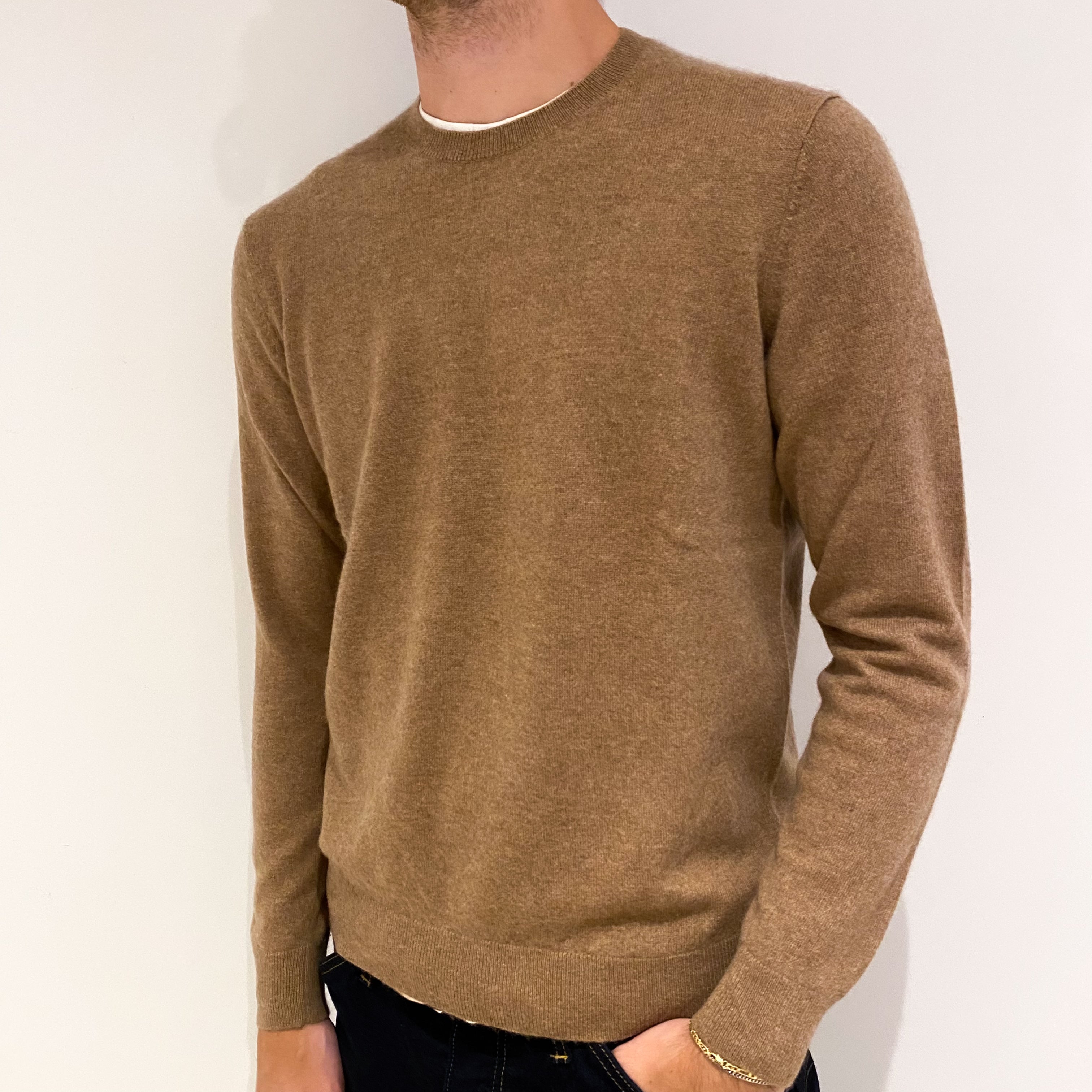 Men's Camel Brown Cashmere Crew Neck Jumper Medium