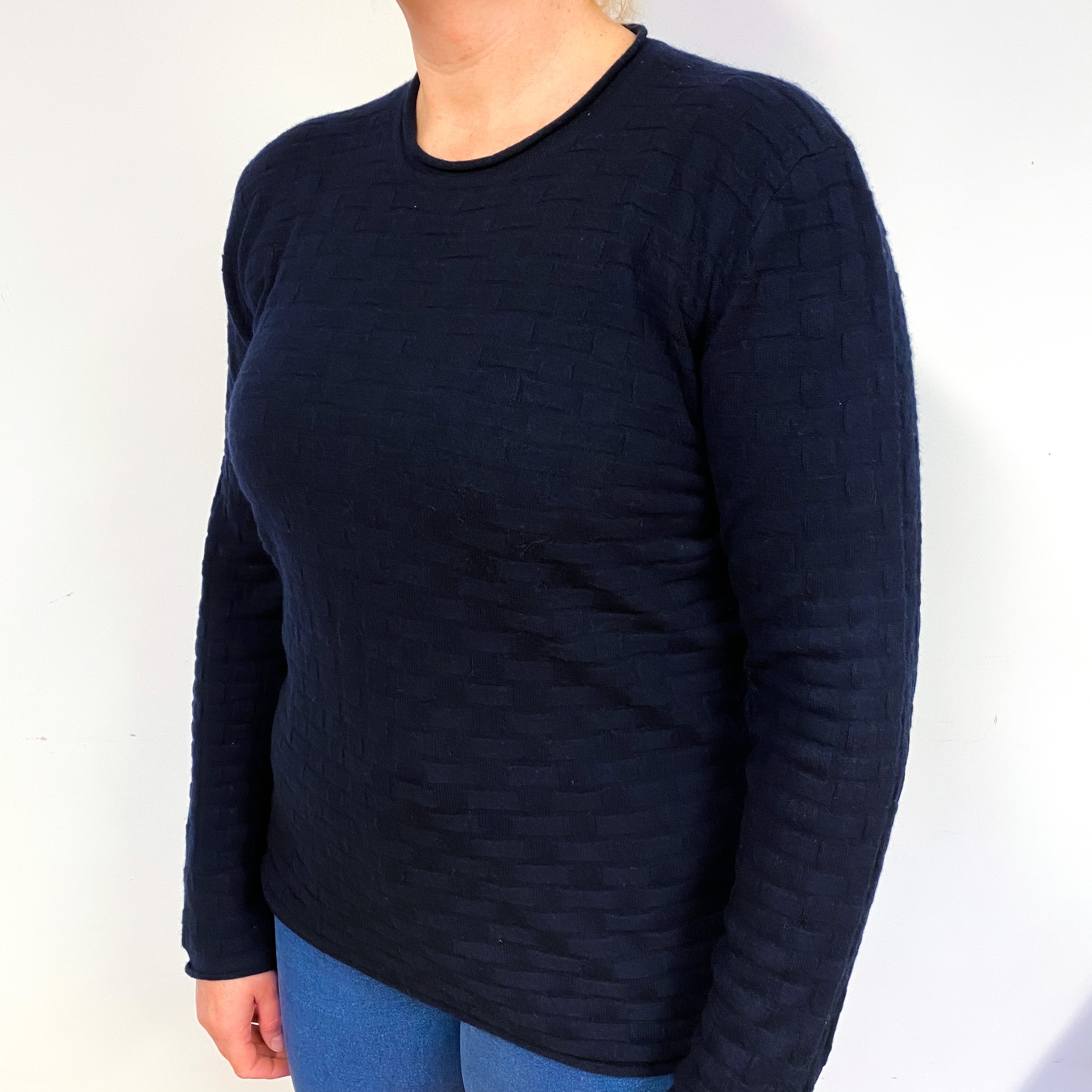 Armani Navy Blue Basket Weave Cashmere Crew Neck Jumper Large