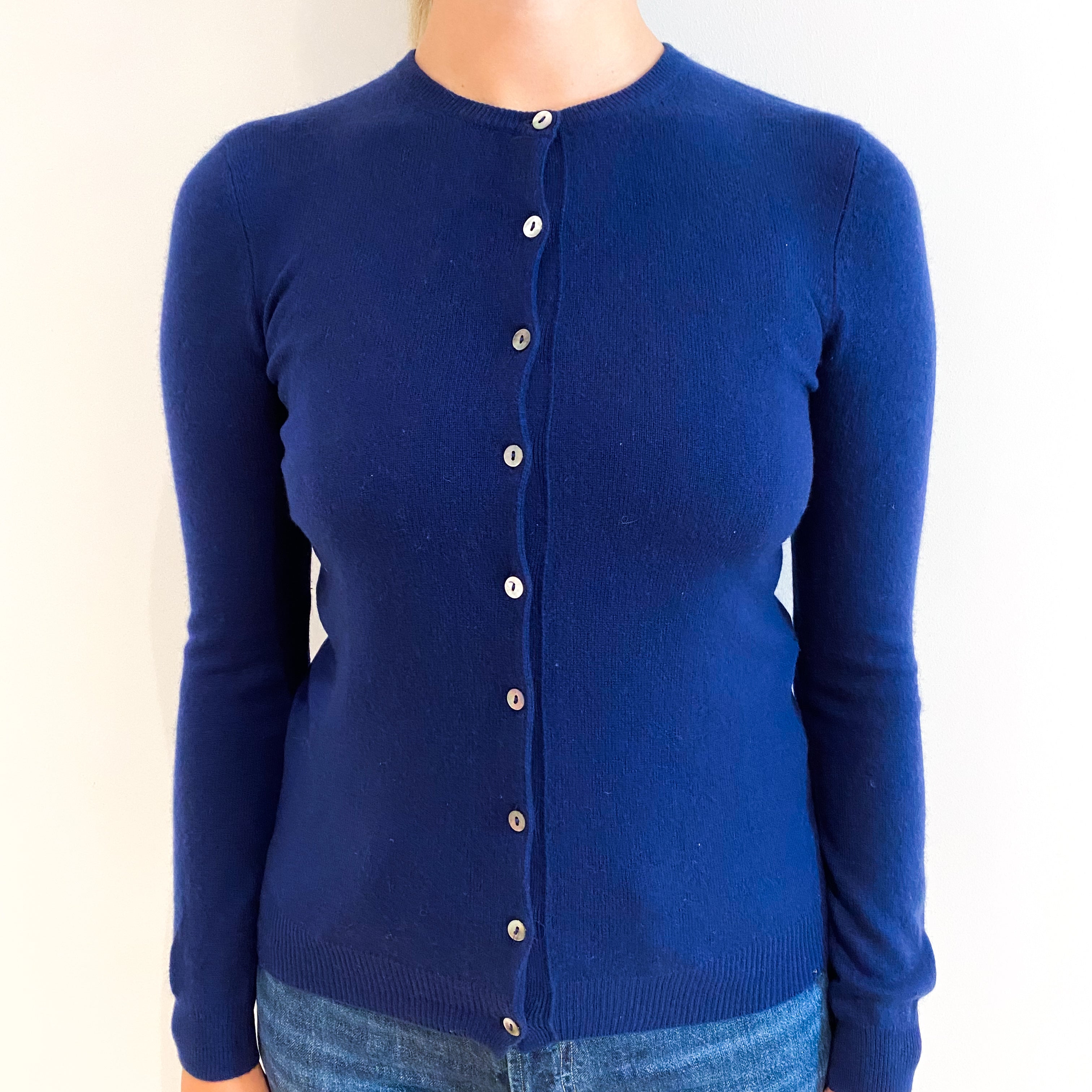 French Navy Blue Cashmere Crew Neck Cardigan Small