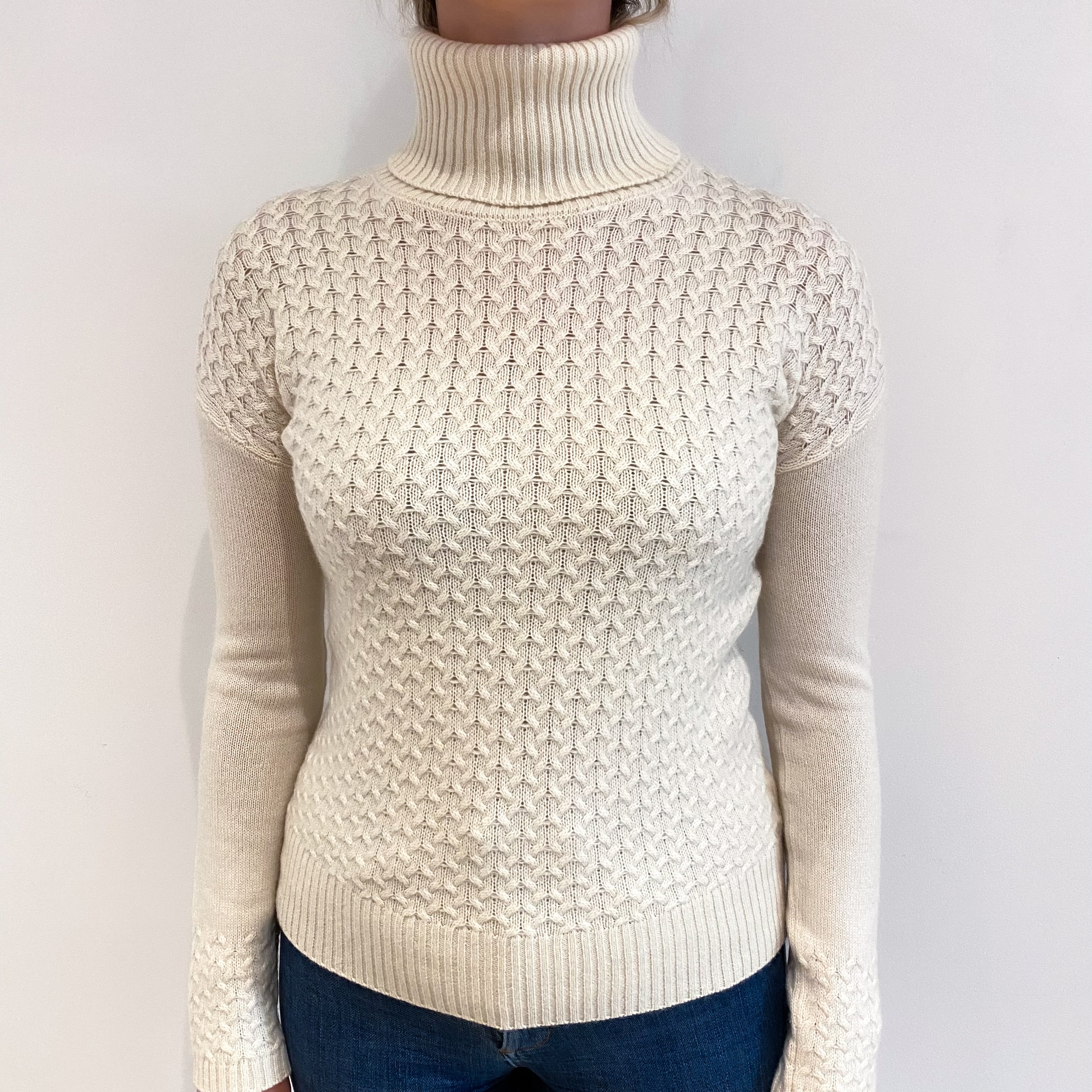 Vanilla Cream Cable Cashmere Polo Neck Jumper Small