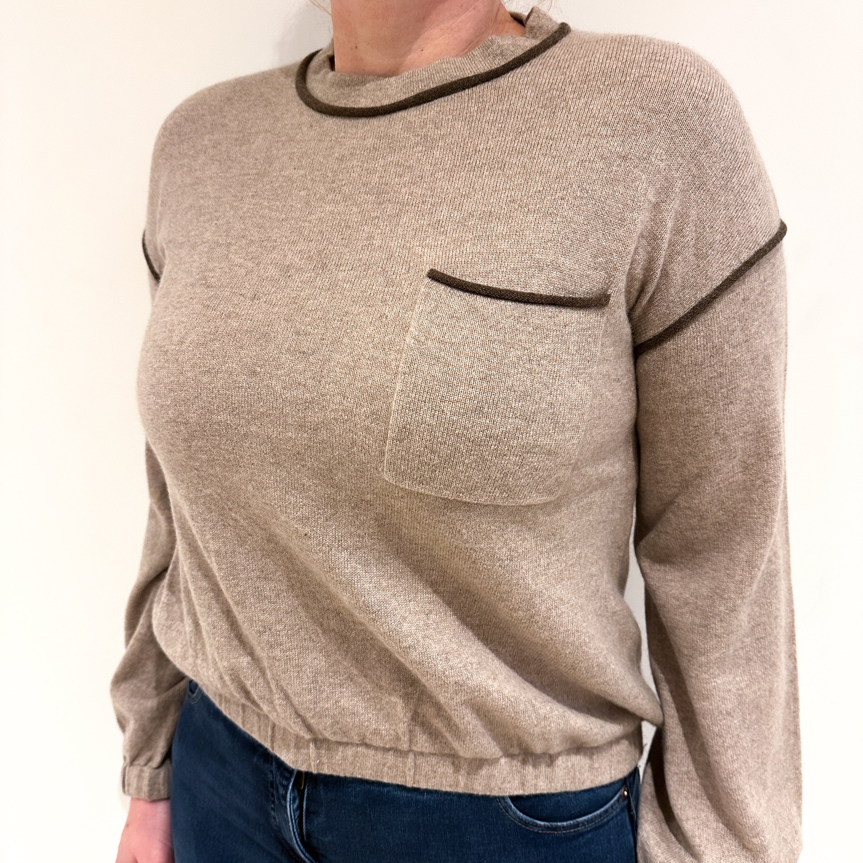 Mink Brown Cashmere Crew Neck Jumper with Pocket Large