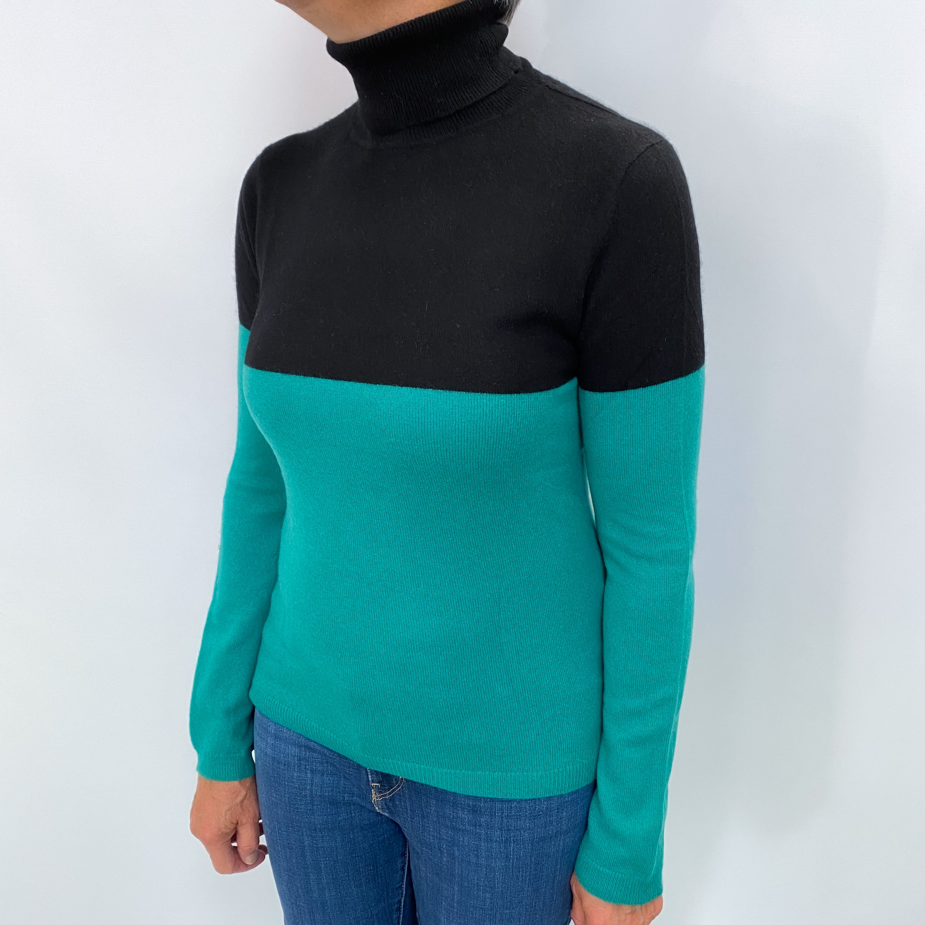 Black and Parakeet Green Colourblock Cashmere Polo Neck Jumper Medium