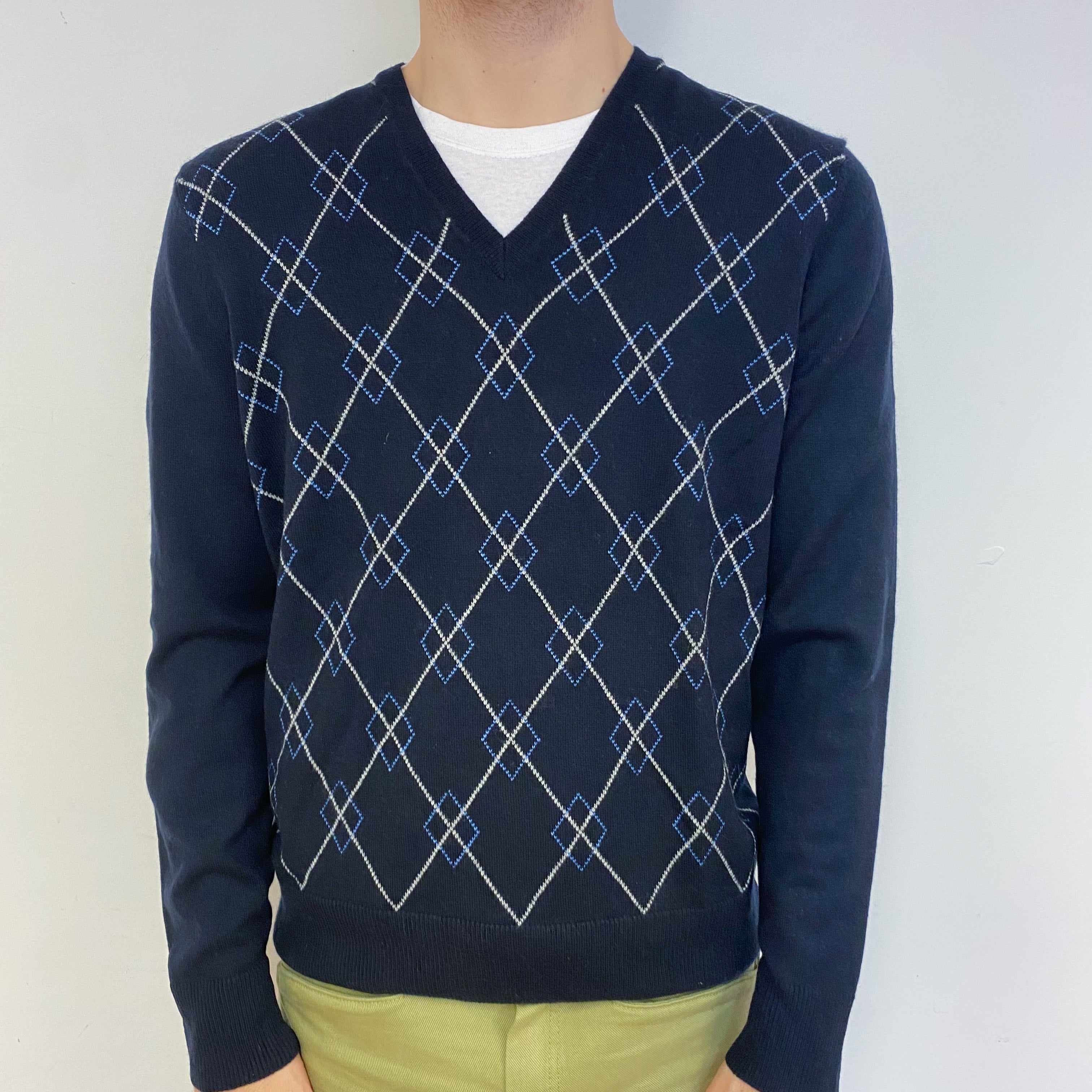 Men’s Italian Navy Diamond Patterned V Neck Jumper Large