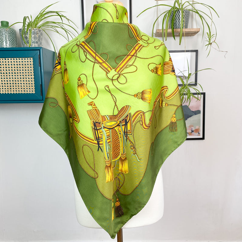 Italian Olive Green Equestrian Design Vintage Silk Scarf
