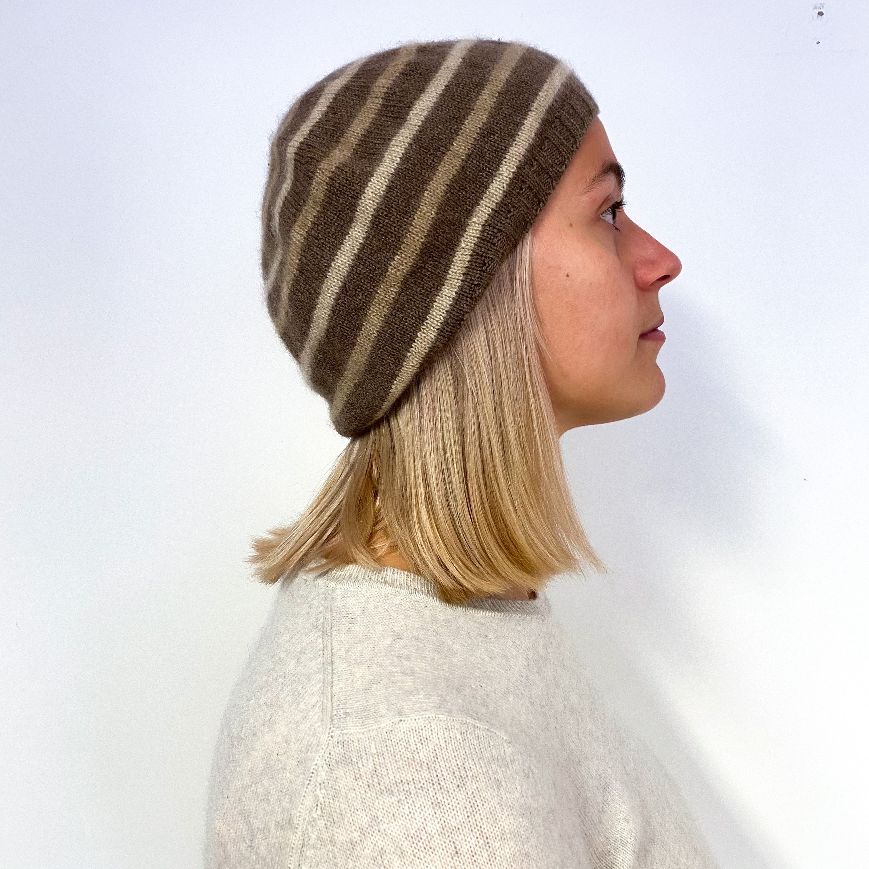 Mocha Beige Stripe Slouchy Cashmere Beret Hat