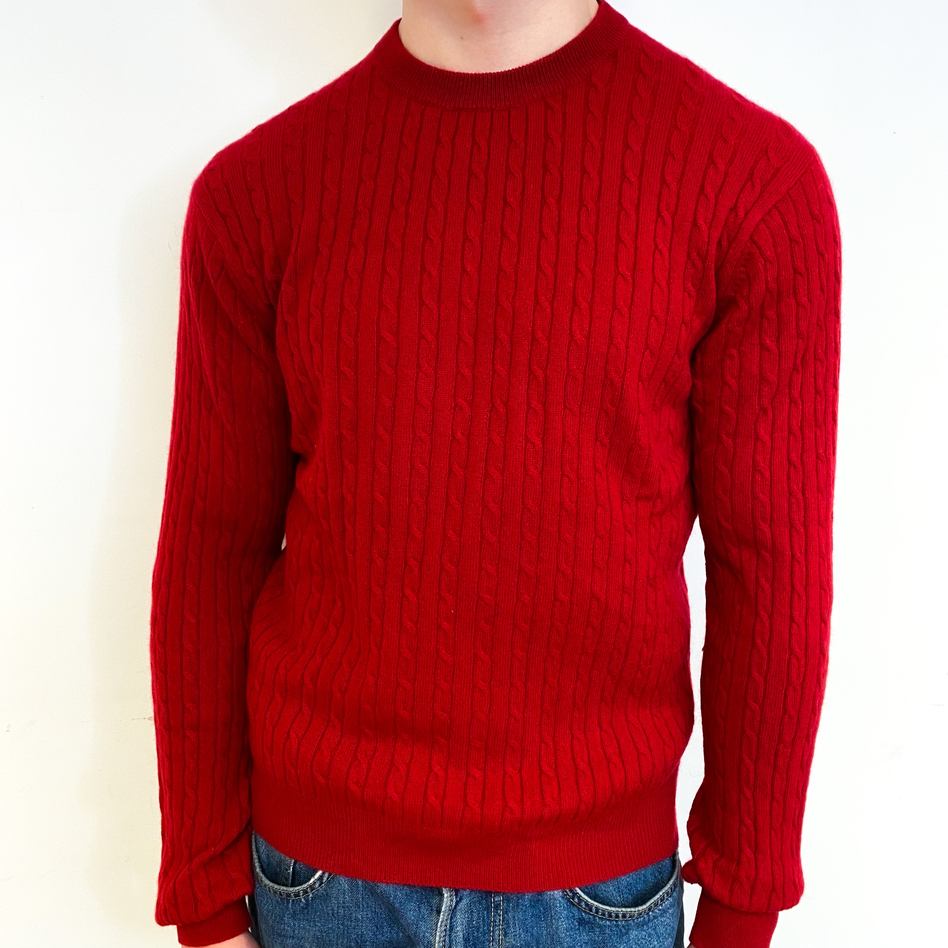 Men’s Red Cable Cashmere Crew Neck Jumper Small