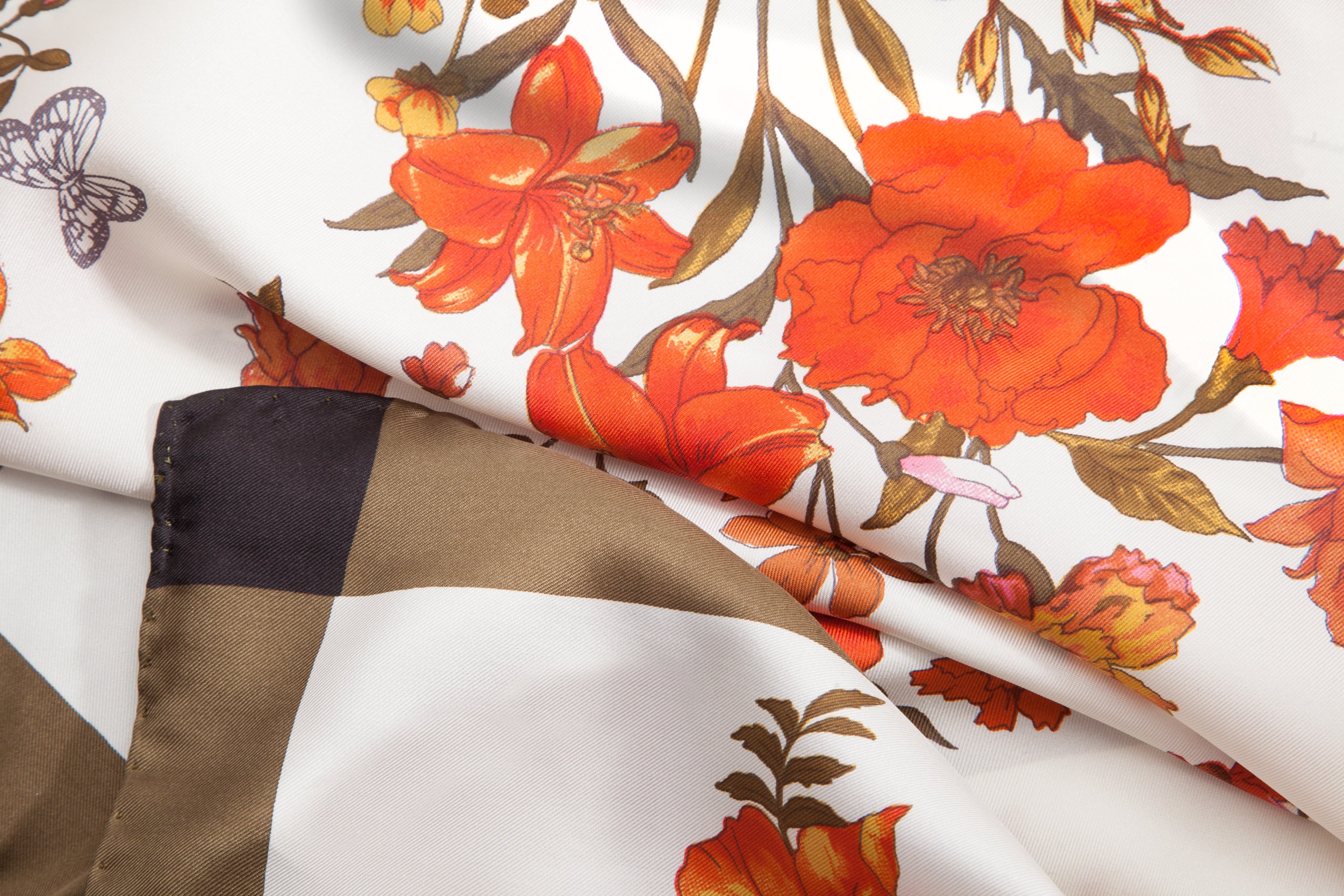 Brand New Italian Khaki Floral Silk Scarf